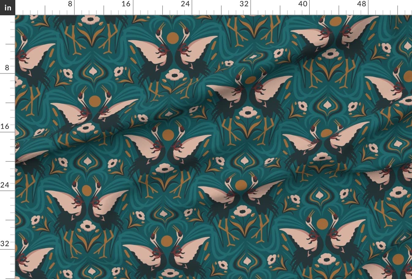 Sunset Crane Dance Pink Teal Birds Gold Poppies Upholstery Velvet Fabric by The Yard - Premium Printed Home Decor Fabric for Curtains, Pillows & Furniture - Spoonflower Fabric for DIY Sewing Projects