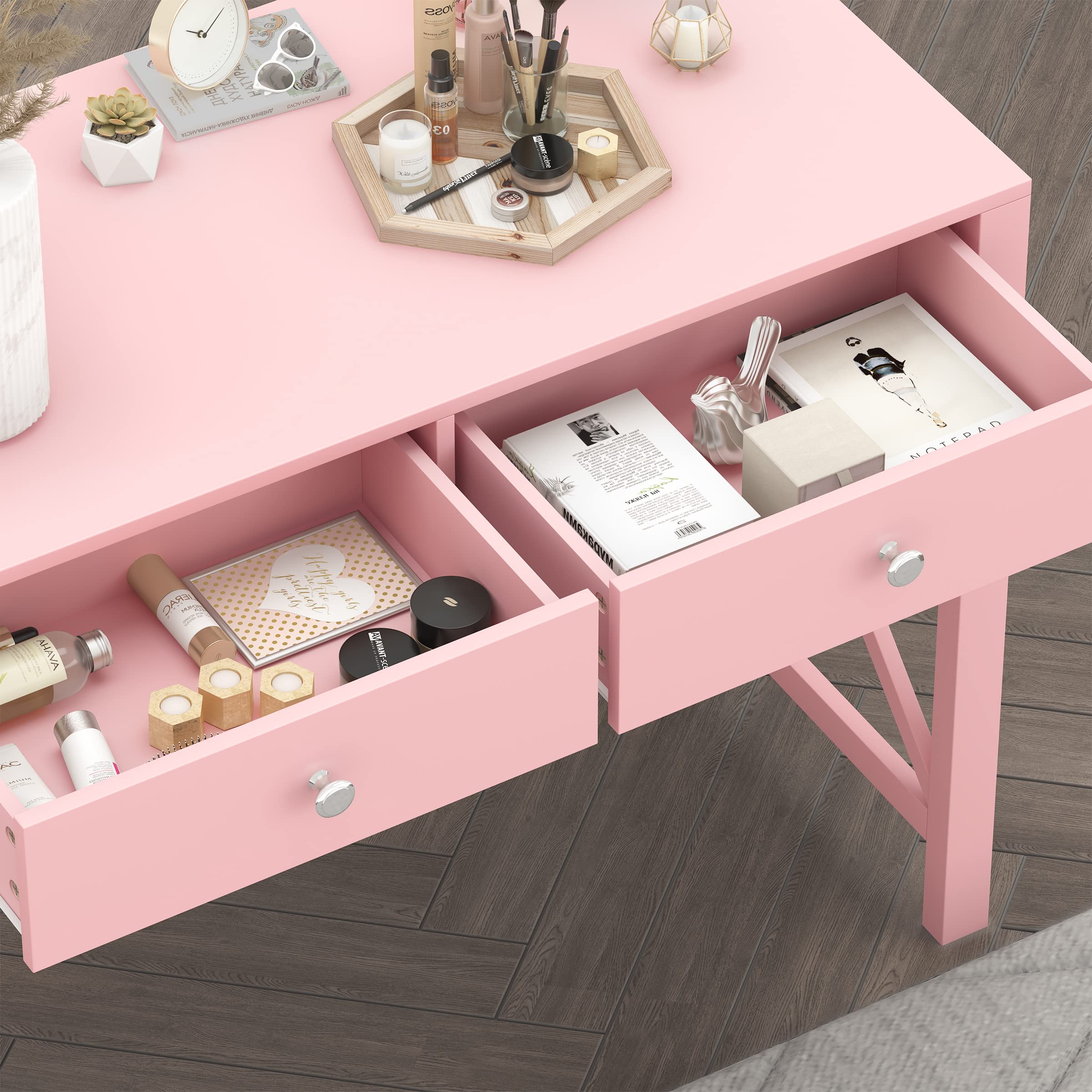 Modern Pink Home Office Desk with Drawers - WiberWi Small Writing Computer Desk & Study Table for Bedroom, Girls Makeup Vanity | Perfect for Remote Work, Online Classes & Beauty Routine Organization
