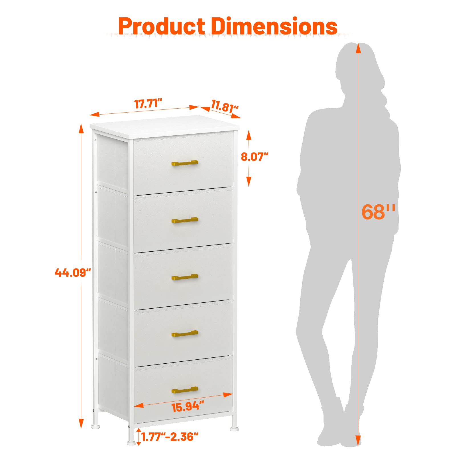 5-Drawer White Dresser for Bedroom - Tall Storage Tower with Sturdy Steel Frame & Wood Top | Fabric Bins & Leather Finish | Perfect for Closet, Living Room & Nursery Organization (Glacier White) | Space-Saving Home Furniture Solution
