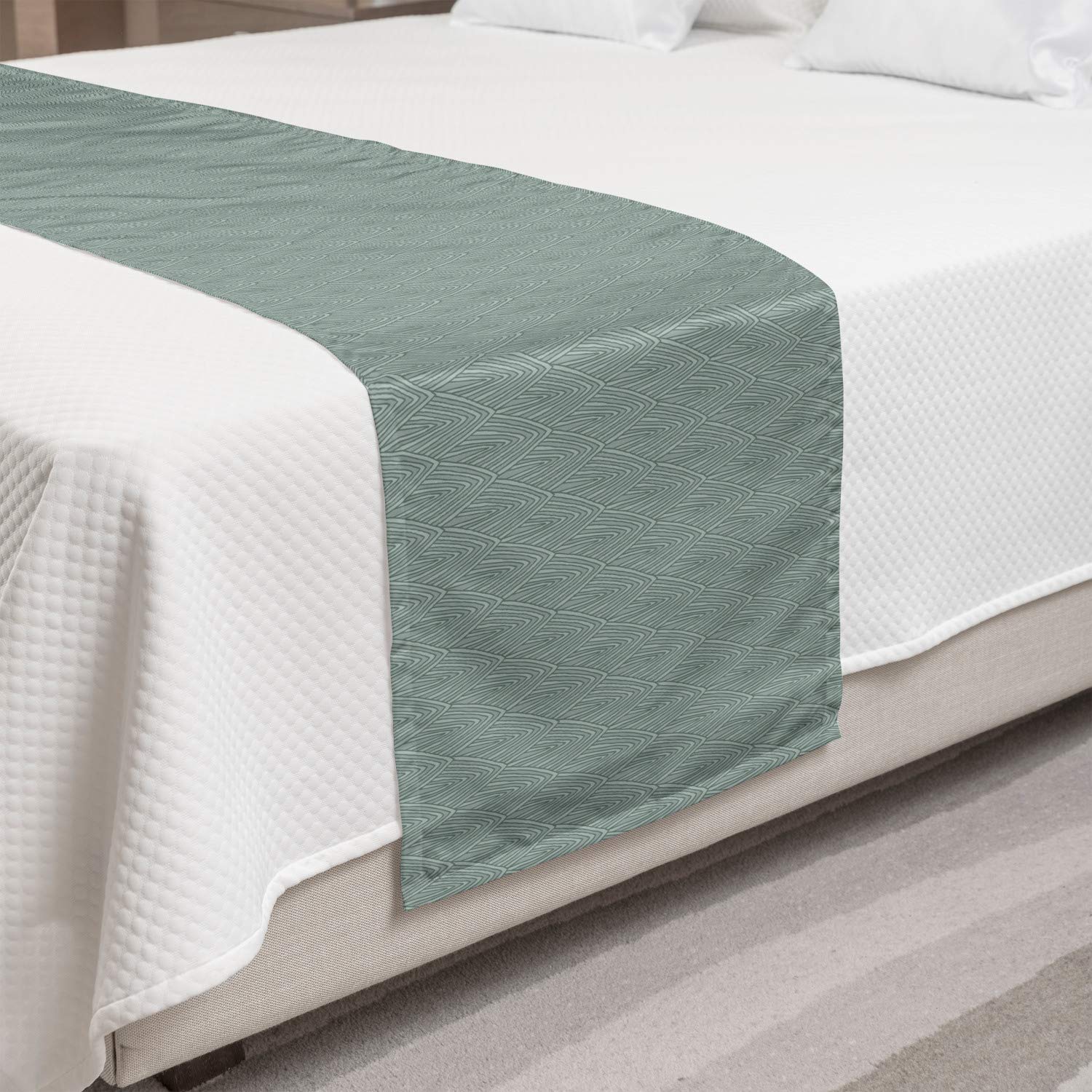 Ambesonne Abstract Bed Runner - Hand Drawn Concentric Triangle Design with Curved Corners, Decorative Bed Scarf for Queen & King Beds - Dark Sea Green Accent Piece for Hotels, Homes & Guest Rooms | Perfect for Bedroom Decor, Wedding Gifts & Luxury Bedding