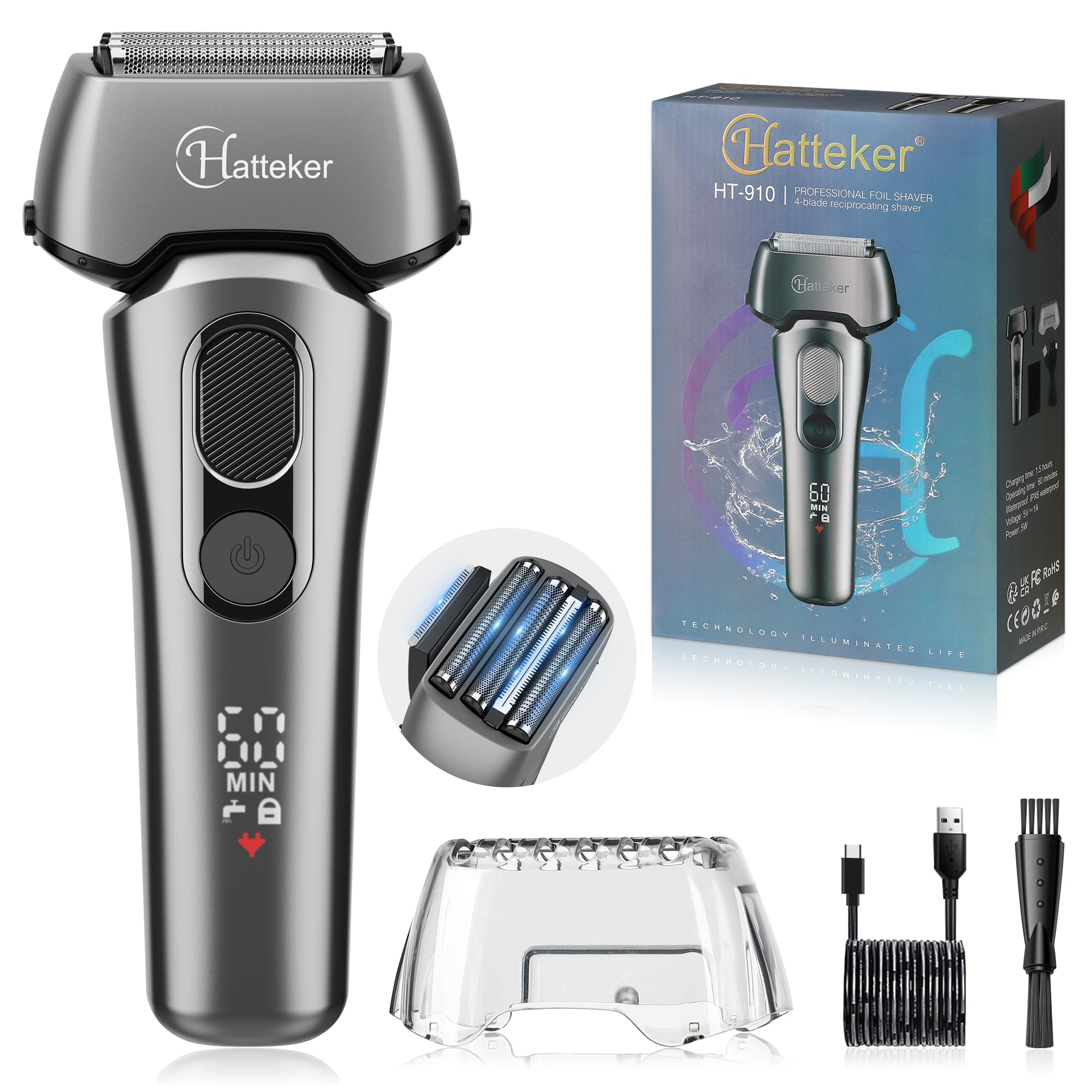 Hatteker Cordless Electric Foil Shaver for Men - Wet/Dry Rechargeable Razor with Pop-Up Trimmer | Bald Head Shaver & Beard Trimmer | Perfect for Travel, Gym & Daily Grooming
