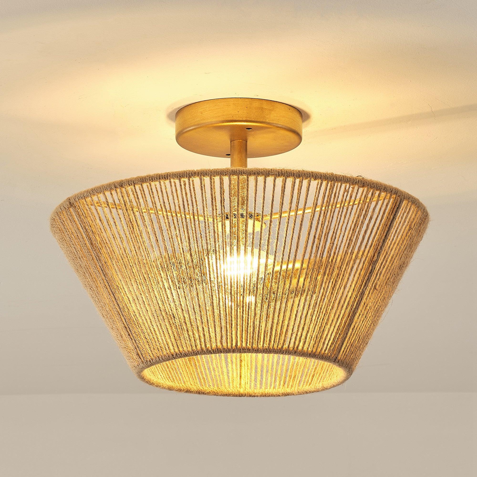 Farmhouse 2-Light Flush Mount Ceiling Light with Natural Rattan Rope - Perfect for Kitchen, Dining Room, Bedroom & Boho Home Decor