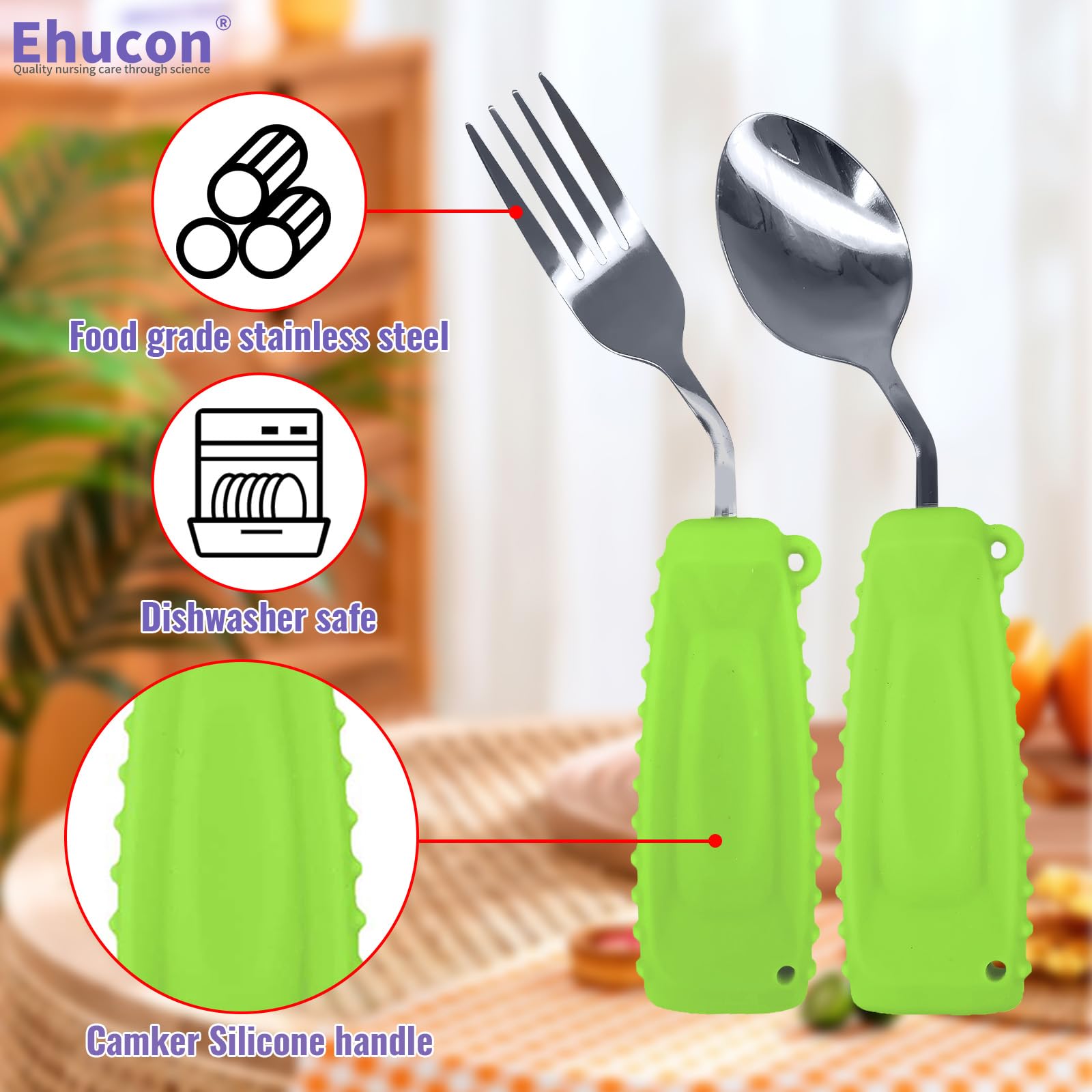 Weighted Adaptive Utensils Set - Non-Slip Angled Spoon & Fork for Parkinson's, Arthritis, Elderly & Hand Tremors (Right Hand, 2-Pack, Green) | Easy Grip Silverware for Daily Meals & Assisted Living