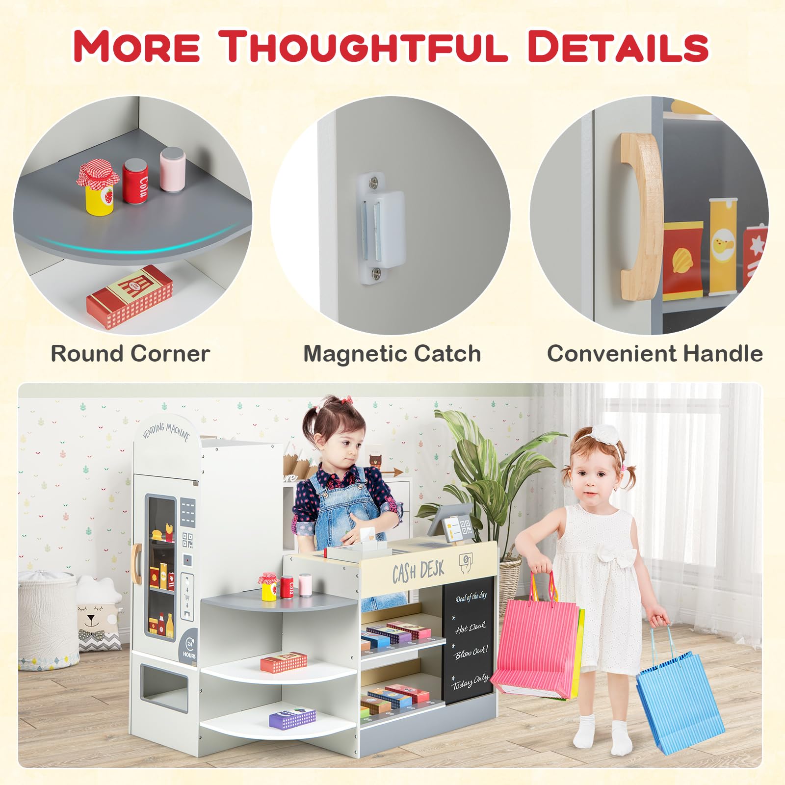 GLACER Wooden Kids Grocery Store Pretend Play Set with 15 Accessories - Cash Register, POS System, Vending Machine & Chalkboard - Educational Toy for Toddlers Ages 3-8 - Perfect Gift for Boys & Girls - Ideal for Role Play, Preschool Learning & Family Fun