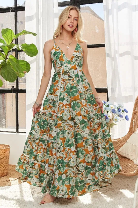 Floral Print Drawstring Waist Maxi Dress - Elegant Summer Beach Dress for Women, Perfect for Vacations, Weddings & Outdoor Events