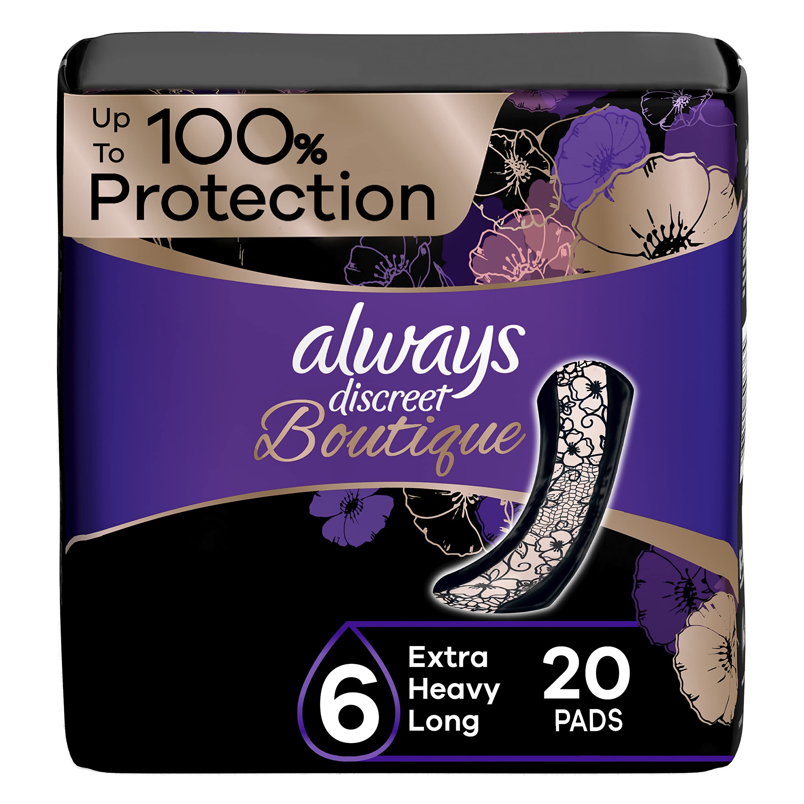 Always Discreet Boutique Incontinence Pads for Women - Size 6, Extra Heavy Absorbency, Long Length (20 Count) - Overnight Protection & Active Lifestyle Use