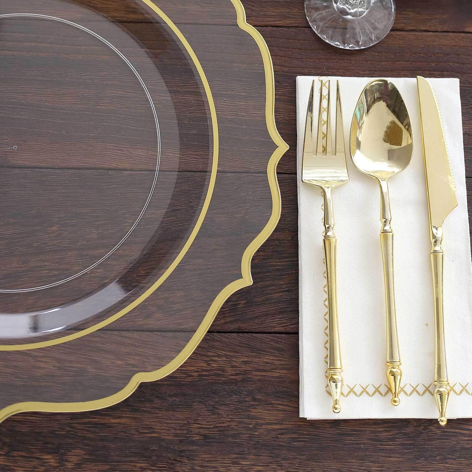 Efavormart 10 Pack Clear Plastic Dinner Plates with Gold Scalloped Rim - 13 Inch Round Decorative Charger Plates for Wedding, Party & Formal Dining Events