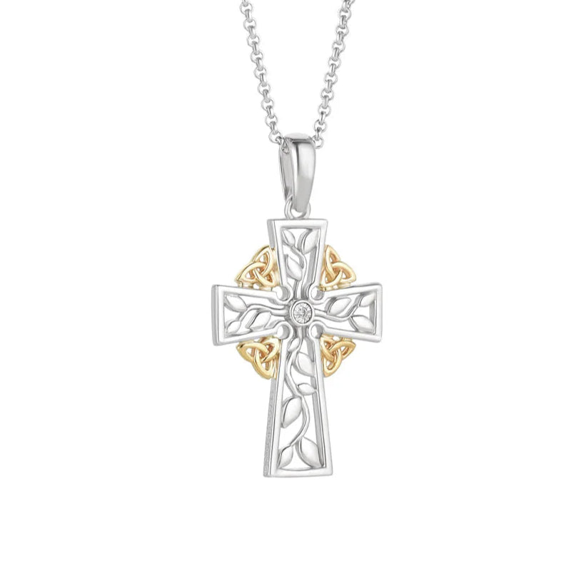 Gold and Silver Diamond Celtic Tree of Life Cross Necklace – Elegant Pendant for Women, Gift for Her, Wedding, Anniversary & Spiritual Occasions