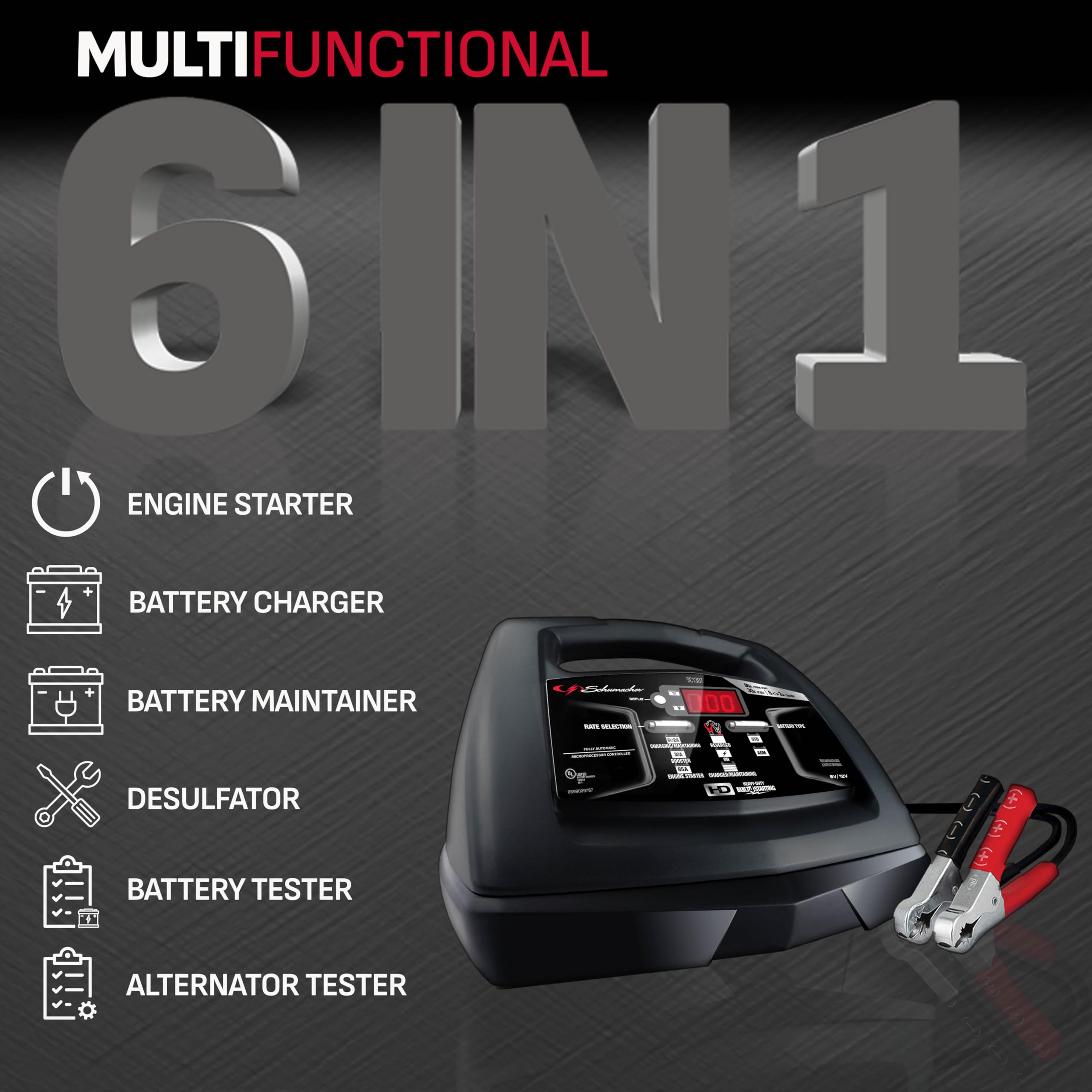 Schumacher SC1307 6-in-1 Fully Automatic Battery Charger & Engine Starter - 85A Cranking Power, 30A Boost Mode - Car, Truck, Motorcycle & Marine Battery Charger - Ideal for Emergency Jump Starts & Winter Vehicle Maintenance