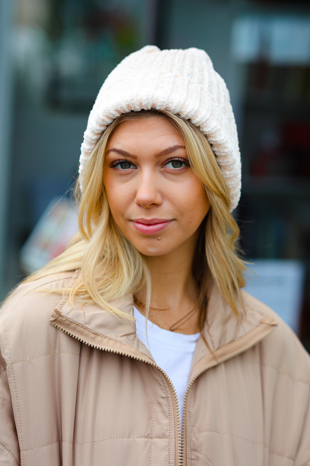 Soft Cream Knit Velvet Chenille Fold Over Beanie for Women - Winter Warm Slouchy Hat for Outdoor Activities, Skiing & Casual Wear