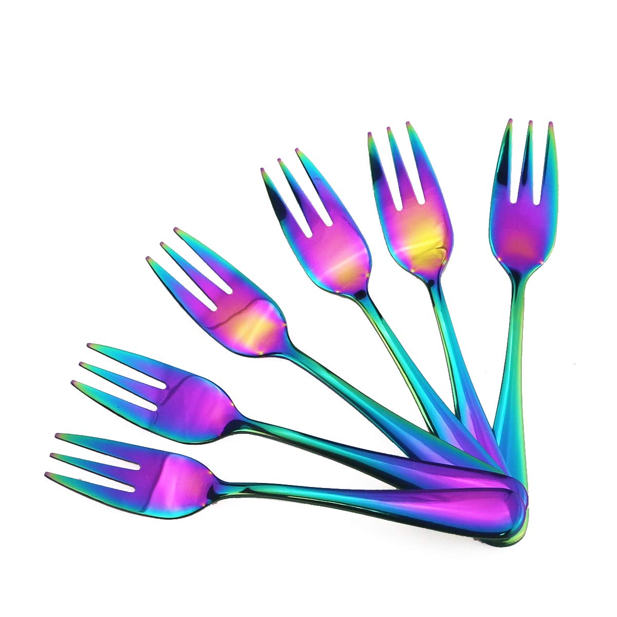 Rainbow Cake Forks Set of 6 - 5.5 Inch Stainless Steel Small Appetizer Forks - Mirror Polished Dessert Forks for Cake, Fruit, Pie, Pastry - Elegant Flatware for Parties, Weddings & Tea Time