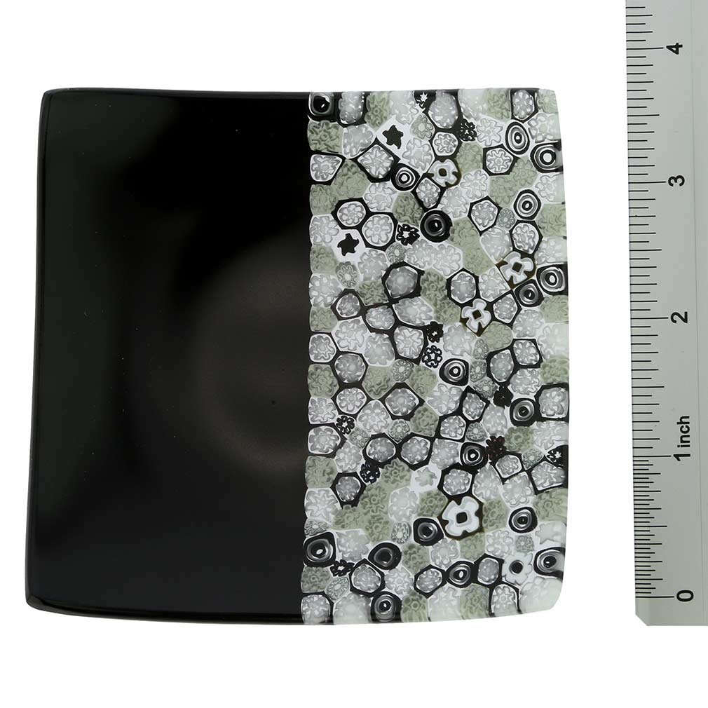 Venetian Murano Millefiori Glass Square Plate - Handcrafted Black & White Italian Art Piece for Home Decor, Wedding Gift or Collector's Item