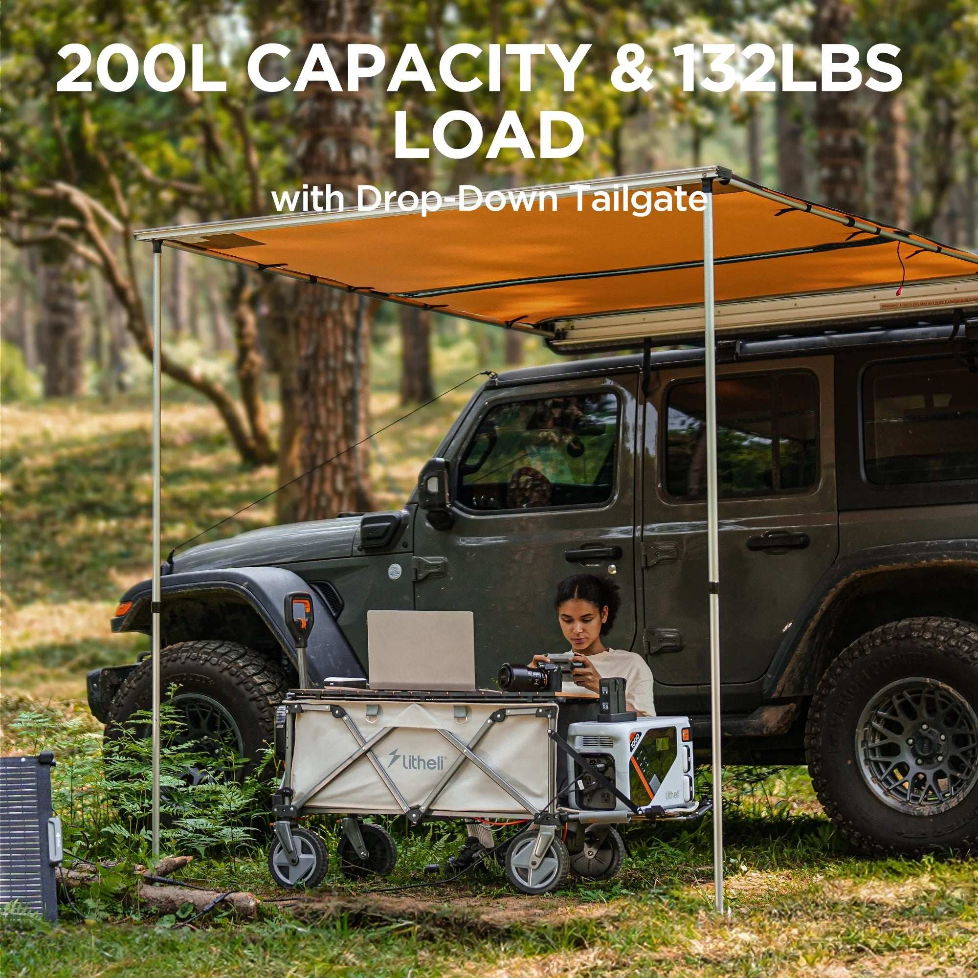 Litheli Electric Utility Wagon with 4.0Ah Battery - 200L Capacity, 8 Inch All-Terrain Wheels, Foldable Design - Perfect for Camping, Gardening, Shopping & Outdoor Activities