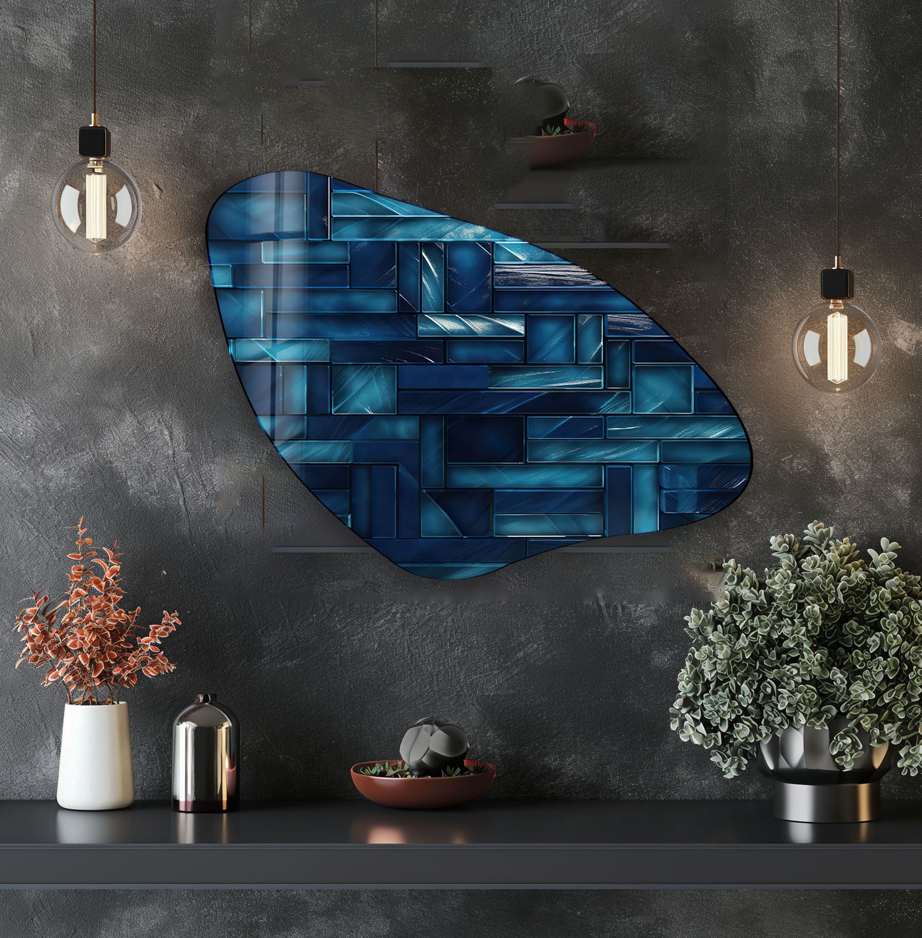 Blue Mosaic Tile Irregular Glass Wall Art - Handmade Decorative Mosaic for Kitchen Backsplash, Bathroom, and Living Room Decor