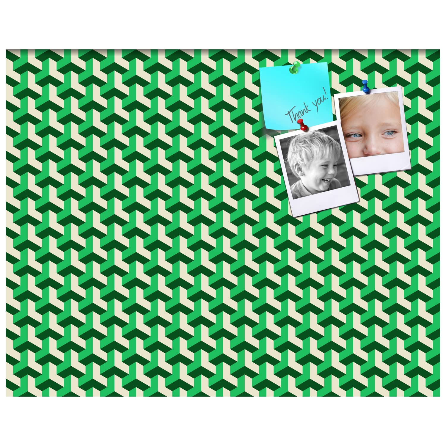 PinPix 30x24 Inch Cork Bulletin Board with BAUS Green Beige Design & Satin White Frame - Decorative Framed Pin Board for Home Office School Decor - Perfect for Notes, Photos, Reminders and Wall Organization