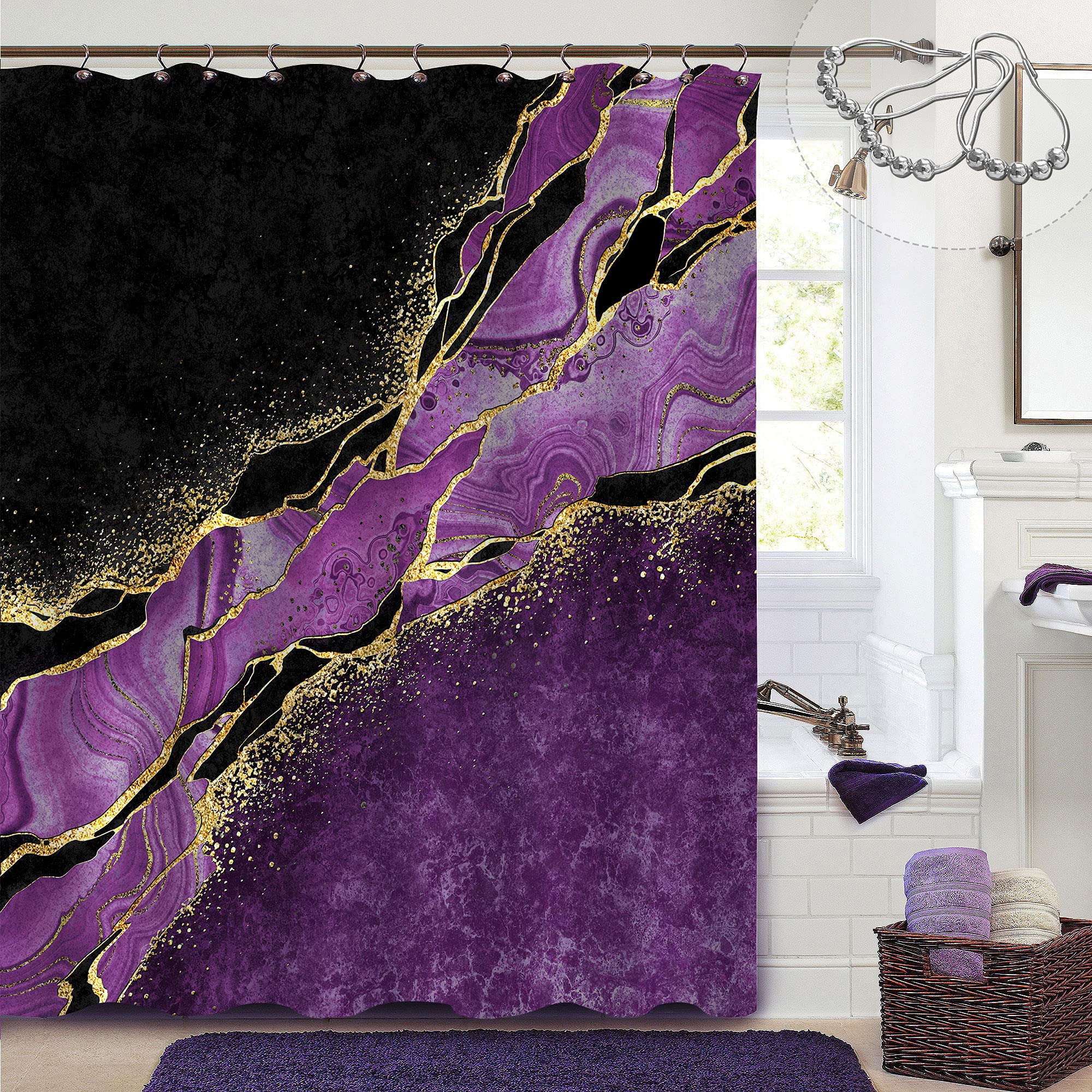 Gibelle Purple Marble Shower Curtain with Gold Veins - Waterproof Fabric Bathroom Curtain Set with Hooks, 72x72 Inches - Luxury Modern Bathroom Decor for Elegant Home & Hotel Use