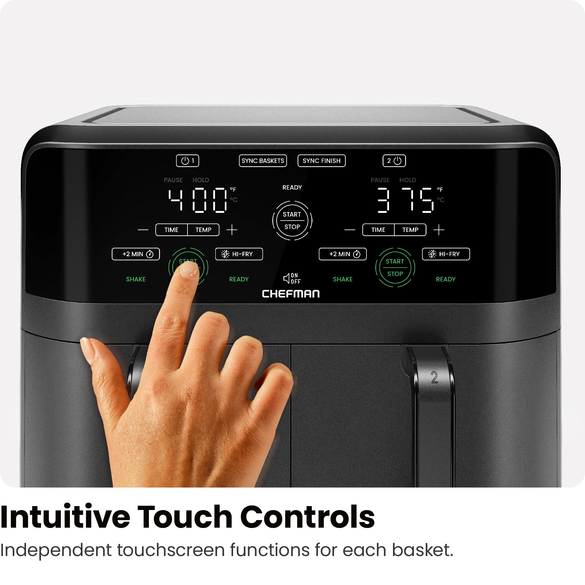 Chefman 6 Quart Dual Basket Air Fryer - Digital Touchscreen, Smart Sync Finish, Hi-Fry Technology, Auto Shutoff, 2 Independent 3QT Nonstick Dishwasher-Safe Baskets - Healthy Oil-Free Cooking for Family Meals, Snacks & Party Foods - Black