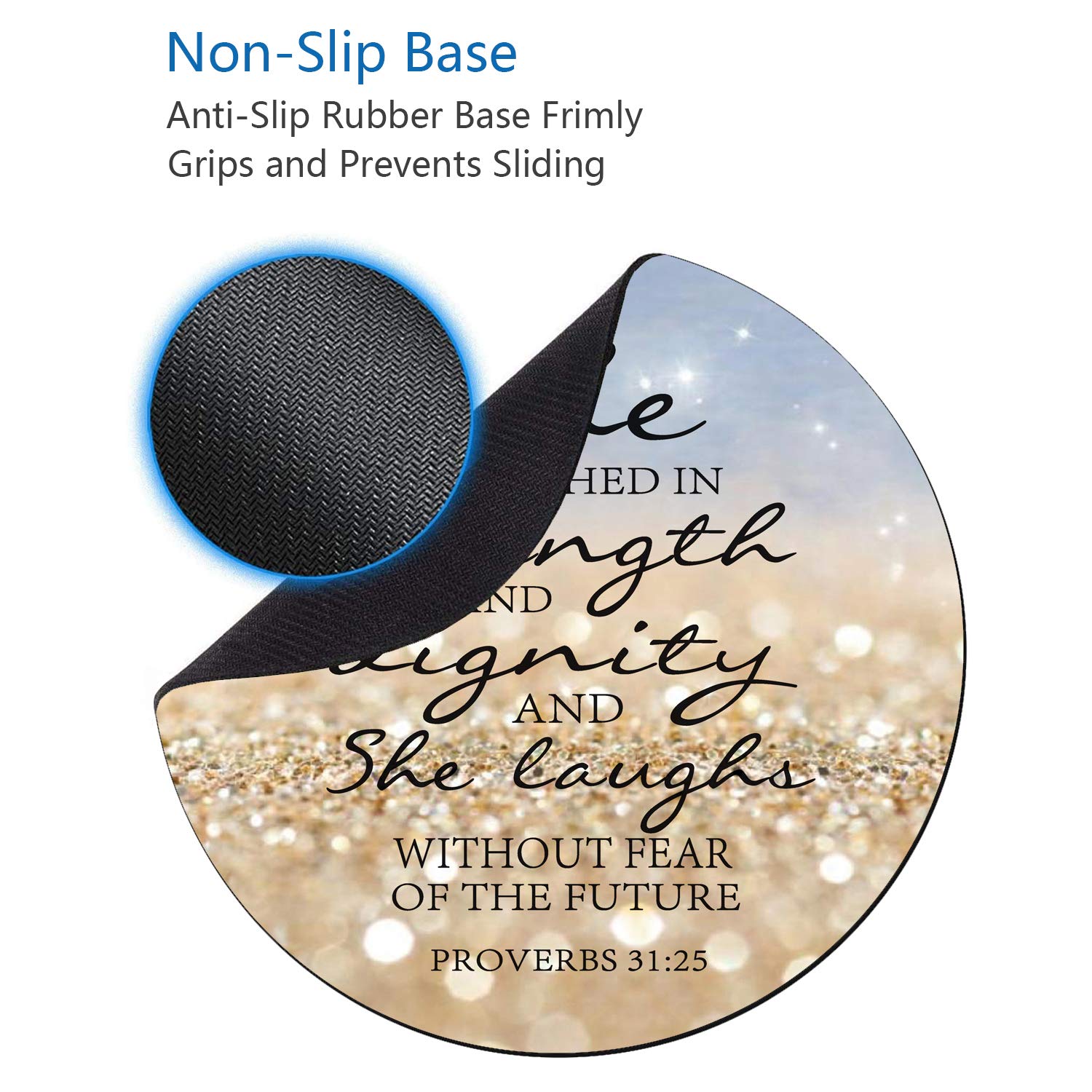 Rainbow Glitter Christian Quote Bible Verse Proverbs 31:25 Mouse Pad with Non-Slip Rubber Base - Round Mouse Pad & Coasters Set for Laptop, Computer, Office & Home Decor