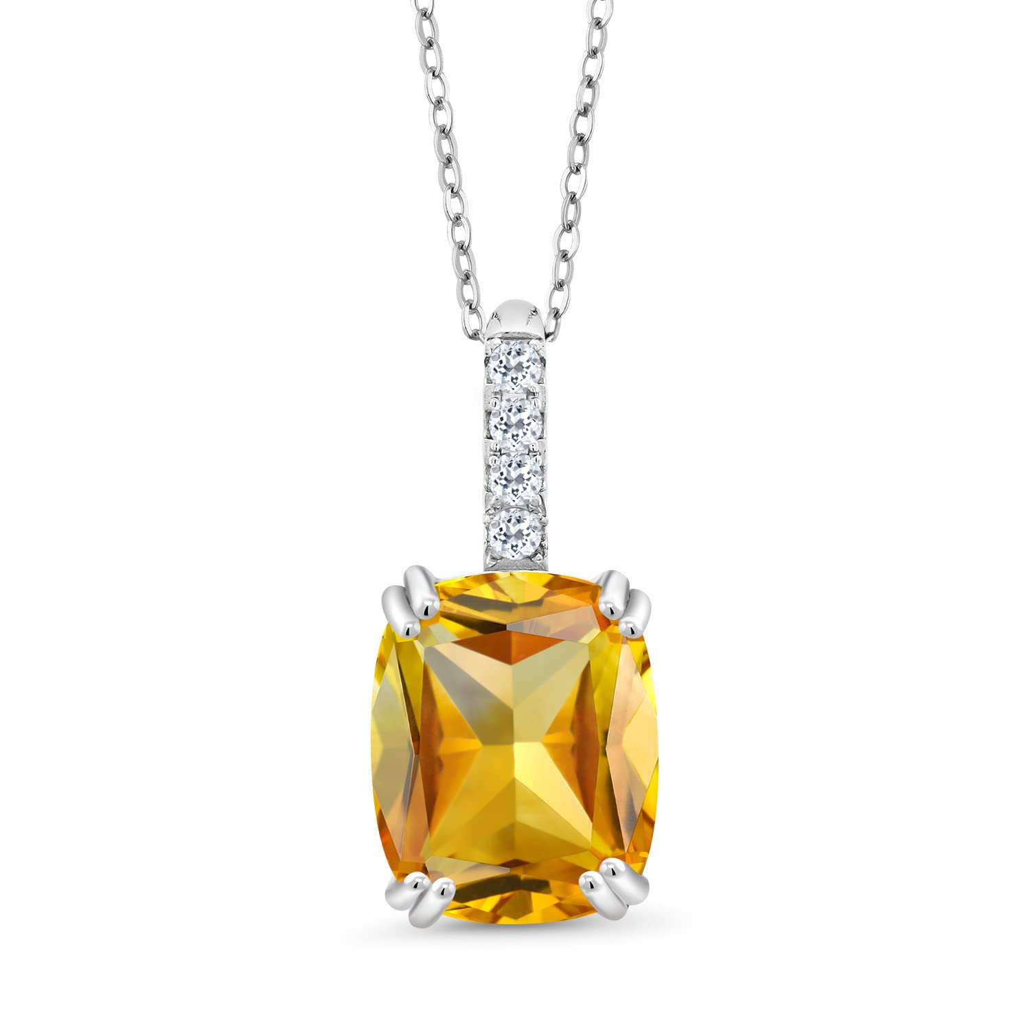 925 Sterling Silver Yellow Citrine & White Topaz Pendant Necklace for Women - 2.92 Cttw Cushion Cut 10x8mm Gemstone Birthstone Jewelry with 18