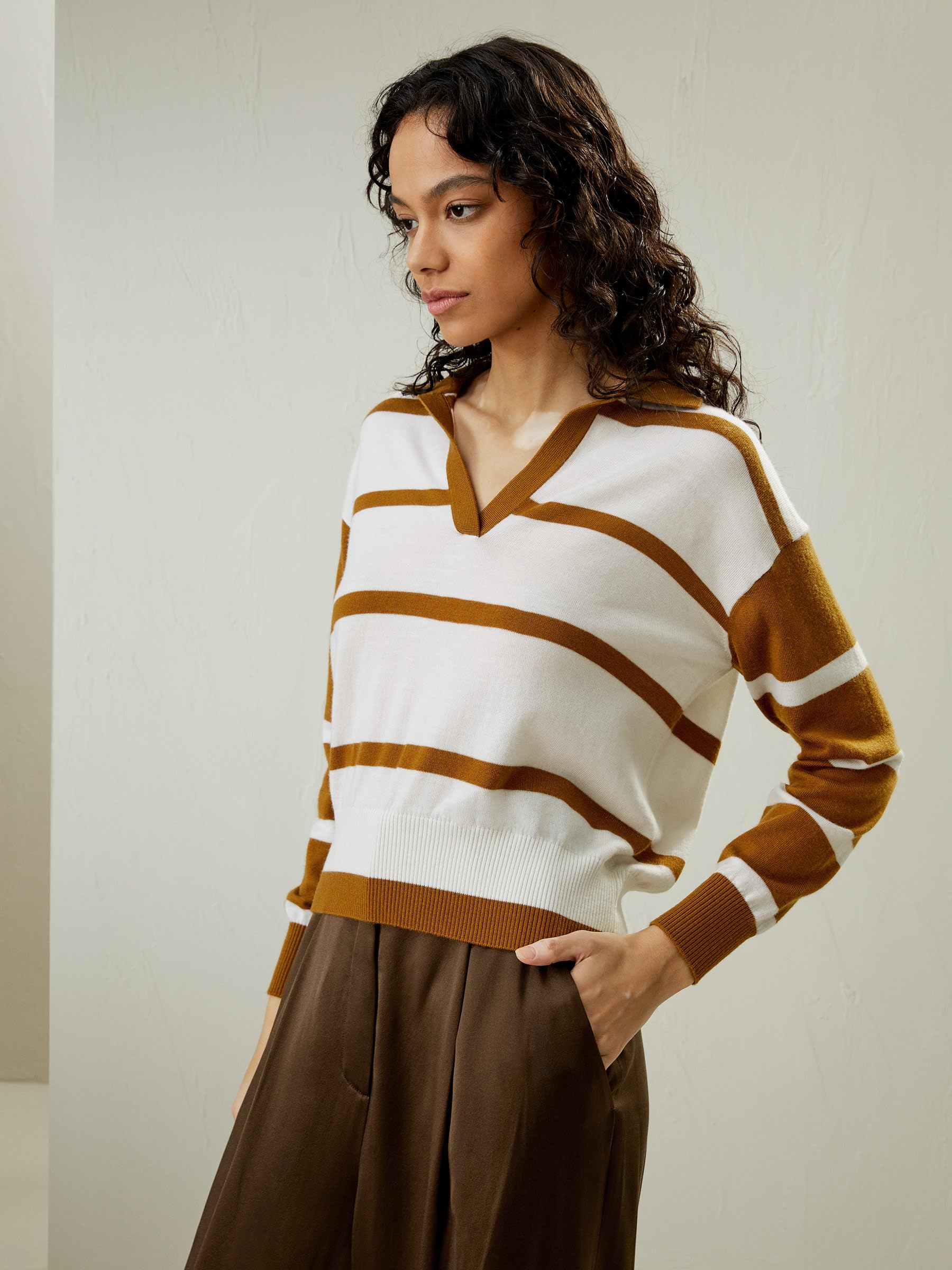 LilySilk 100% Merino Wool Women's Polo V-Neck Pullover Sweater - Soft Oversized Casual Knit Top with Coffee & White Stripes | Perfect for Fall Layering, Office Wear & Cozy Weekends
