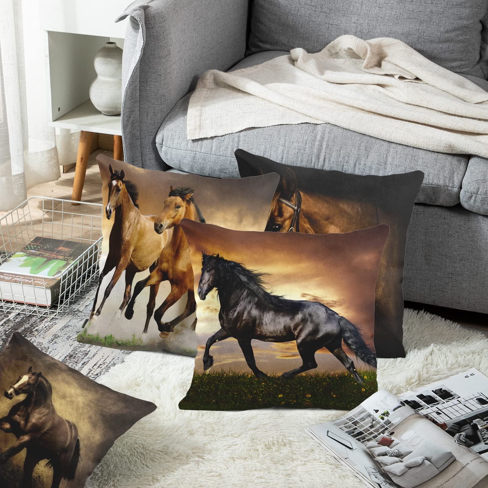 Emvency Set of 4 Horse Running Design Throw Pillow Covers - 18x18 Inch Square Decorative Pillow Cases for Sofa, Armchair & Bed - Cartoon Animal Print Home Decor for Living Room, Bedroom & Nursery