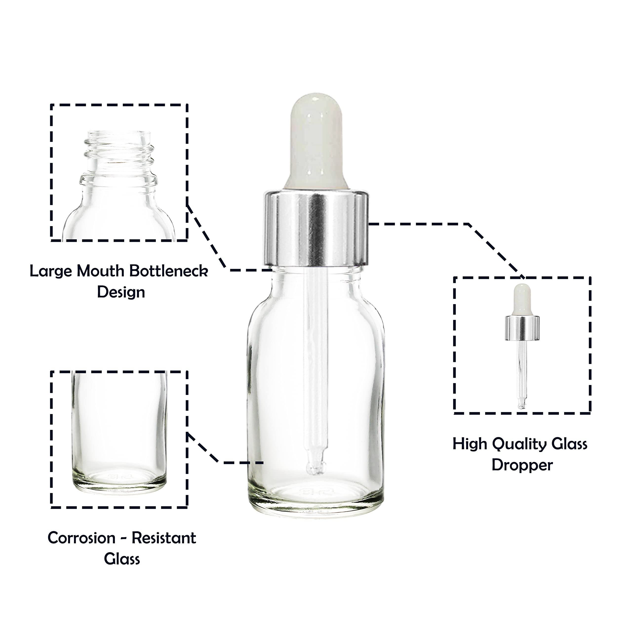 NSB Herbals 15ml Clear Empty Glass Bottle with Dropper & Silver Ring - Refillable Essential Oil, Perfume Container (Pack of 3) - Perfect for Aromatherapy, DIY Beauty & Travel Size Liquids