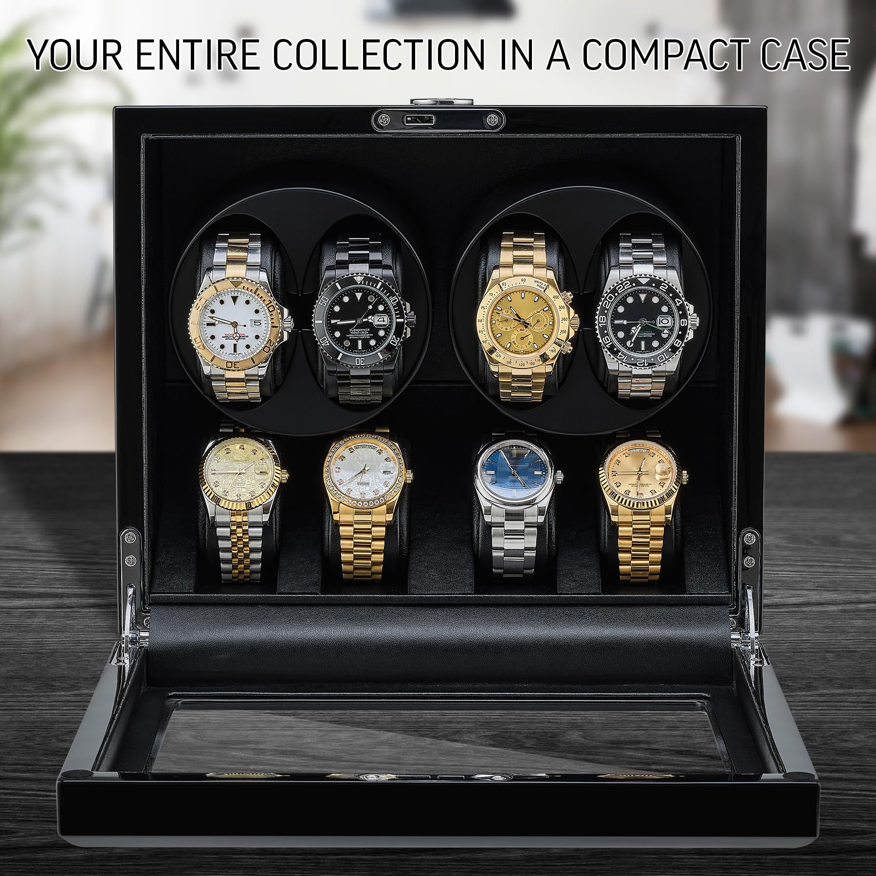 TIMECUBE Automatic Watch Winder for Men - 4 Watch Storage Box with LED Light & Smart Motor Stop - Perfect for Rolex, Omega Luxury Watches - Home Office & Travel Use