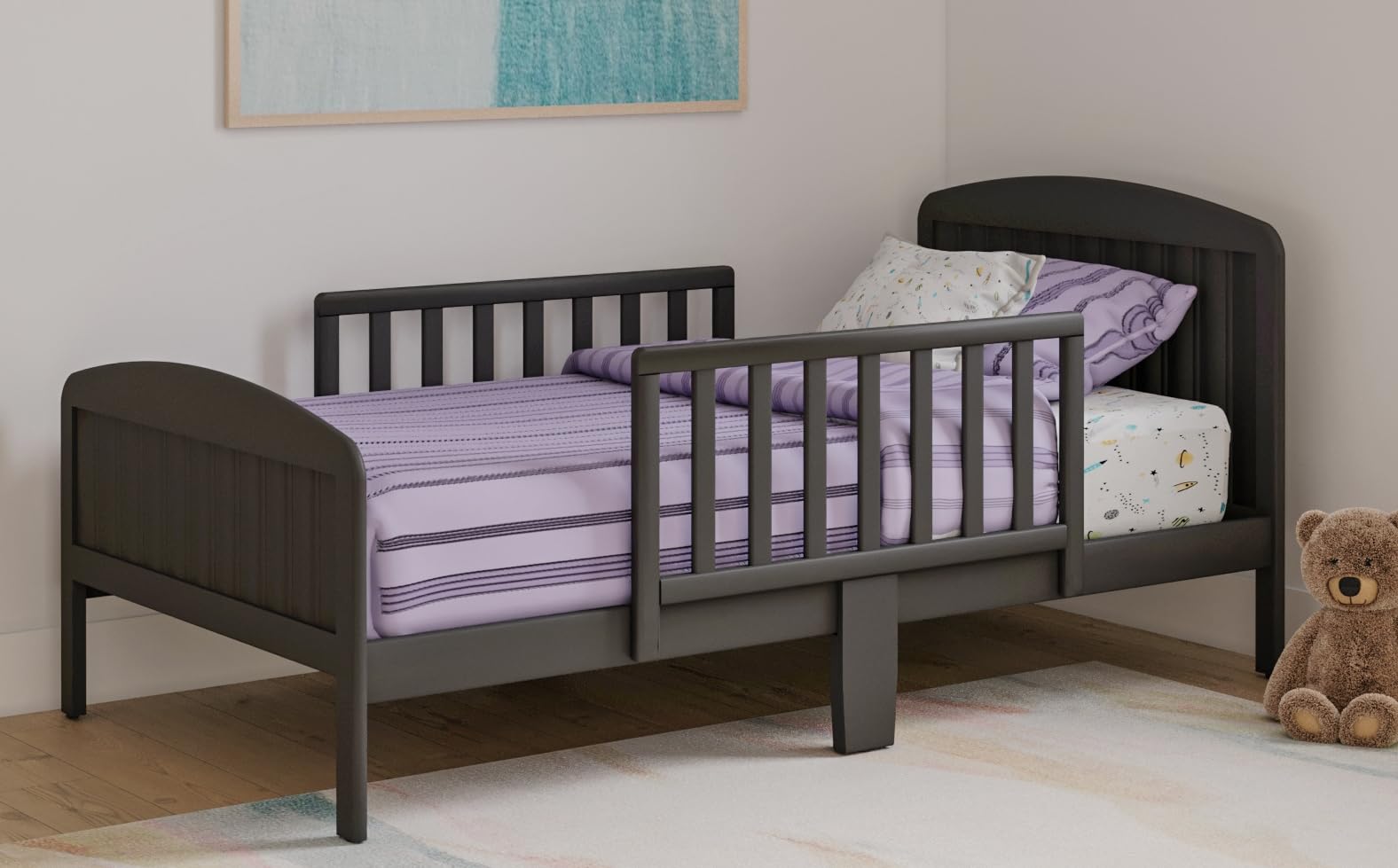 Harrisburg Solid Wood Toddler Bed with Safety Rails - Modern Transitional Design for Kids Bedroom - Fits Crib Mattress, Low Profile Grey Toddler Bed for Safe & Comfortable Sleep Transition from Crib to Big Kid Bed