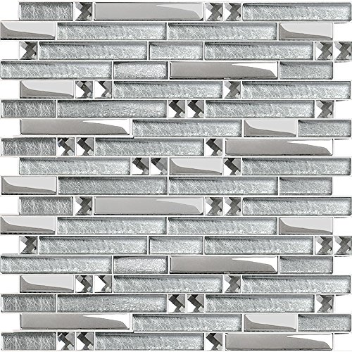 Sparkling Silver Crystal Glass Metal Mosaic Tiles - Stain Resistant Linear Design for Kitchen Backsplash, Bathroom & Shower Walls (6 Sq Ft) - Perfect for Modern Home Decor and Commercial Spaces