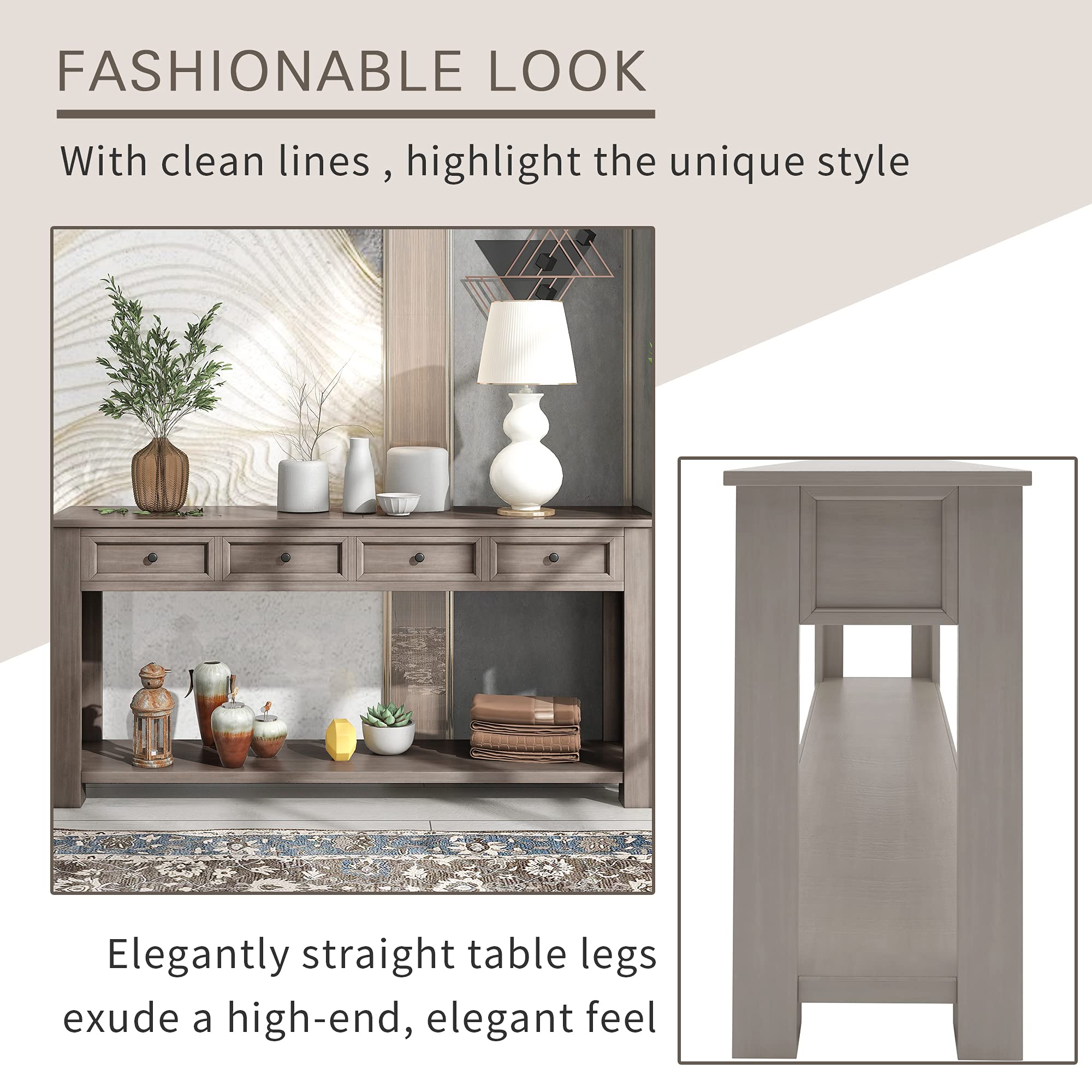 Polibi Rustic Console Table with 4 Storage Drawers & Open Shelf - Entryway Sofa Table for Living Room, Hallway & Foyer - Easy Assembly Farmhouse Style Furniture (Grey) - Perfect for Small Space Organization & Home Decor