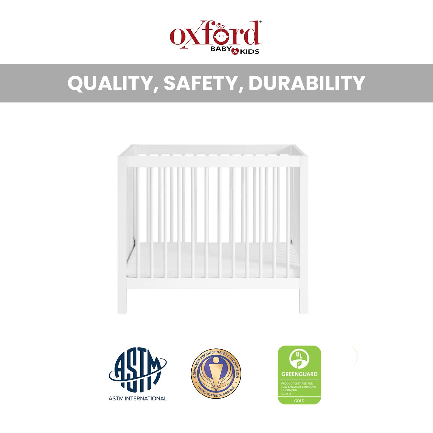 Oxford Baby Essentials Island Mini 4-in-1 Convertible Baby Crib with Round Spindles - White Nursery Crib for Newborns & Toddlers | Perfect for Small Spaces, Bedrooms & Daycare Centers