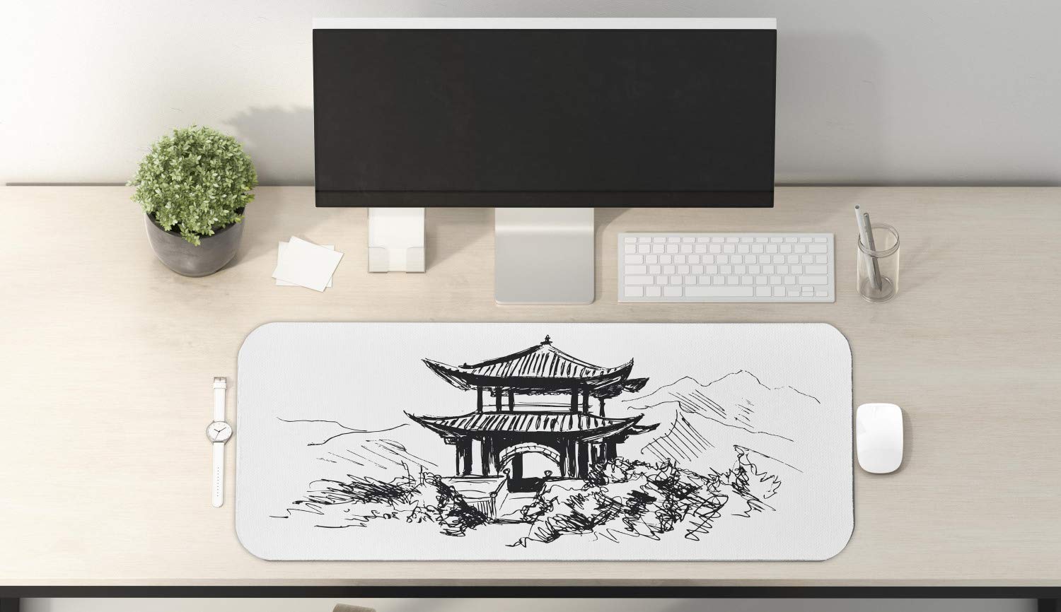 Ambesonne Vintage Chinese Pavilion Mouse Pad - Hand Drawn Black & White Landscape Sketch - Large 31