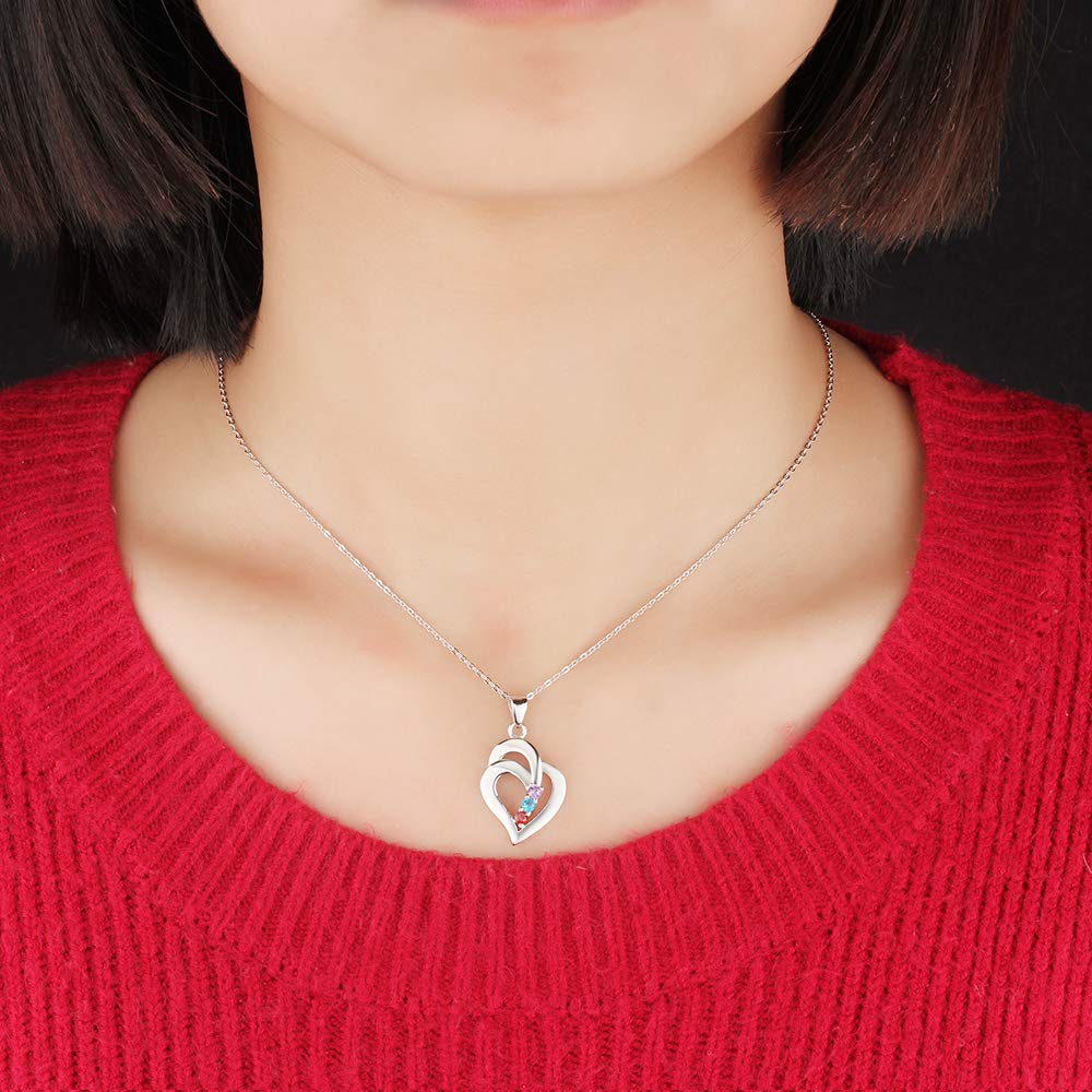 Custom Sterling Silver Mothers Necklace - 3 Birthstones & Engraved Names - Heart Pendant for Family Gifts & Special Occasions