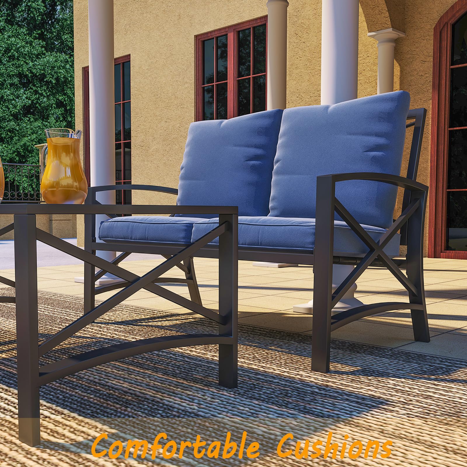 Modern Outdoor Patio Furniture Set - 5-Piece Metal Frame Sectional Sofa with Rocking Chair, Loveseat & Coffee Table - Blue Cushioned Conversation Set for Poolside, Lawn, Garden & Backyard Relaxation