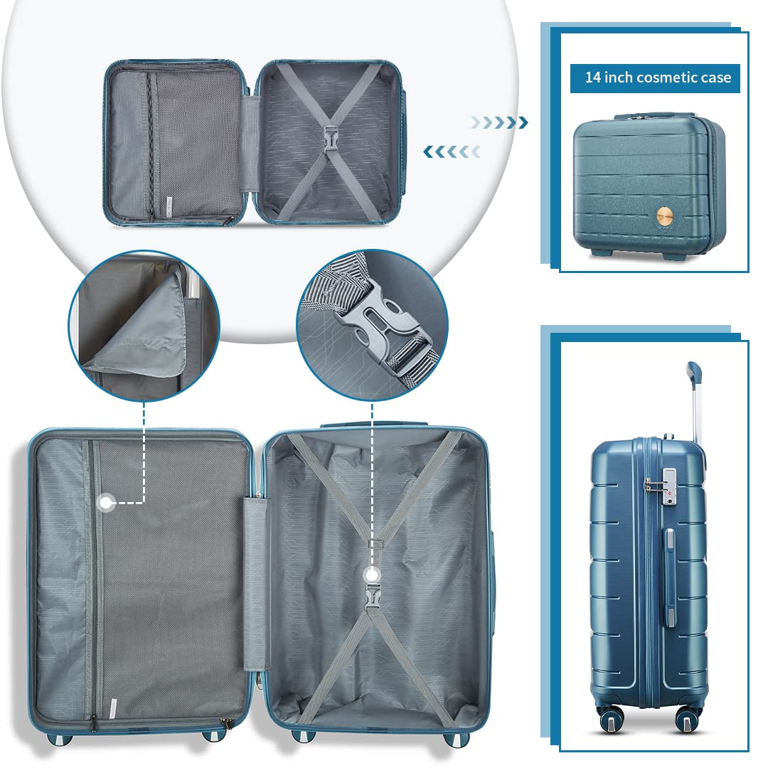 Somago 3-Piece Hard Shell Polypropylene Luggage Set with TSA Lock | Spinner Carry-On Suitcase & Beauty Case | Ice Blue Travel Luggage for Business Trips & Family Vacations