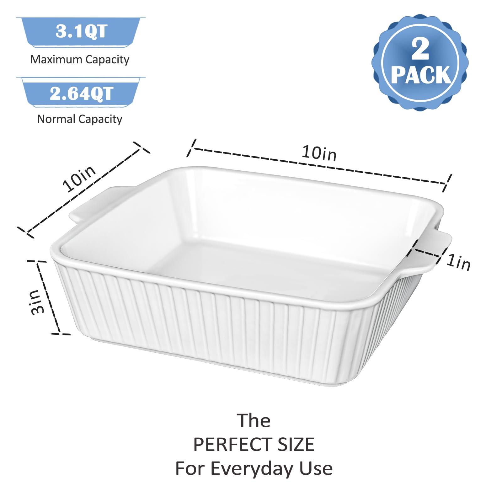 10'' Square Ceramic Casserole Baking Dish Set of 2 - Oven, Microwave & Dishwasher Safe Bakeware with Handles - Perfect for Lasagna, Cakes, Casseroles & Family Meals
