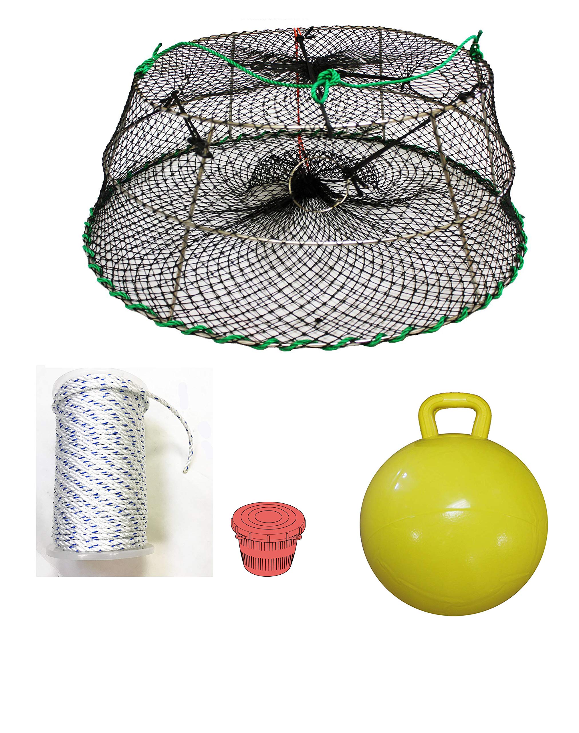 KUFA Sports Tower Style Prawn Trap with 400' Rope, Yellow Float & Vented Bait Jar Combo (CT77+PAS5) - Premium Crab & Shrimp Fishing Gear for Ocean, River & Beach Use