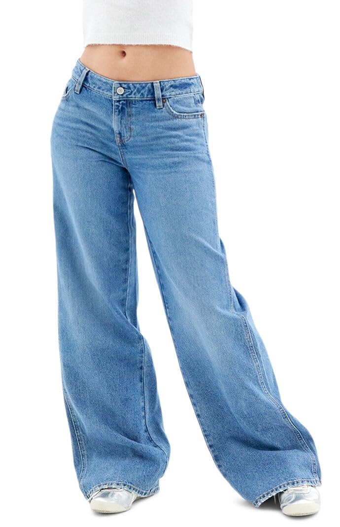 PacSun Women's Casey Low Rise Baggy Jeans - Indigo Wash Distressed Denim Pants for Casual Streetwear & Everyday Outfits