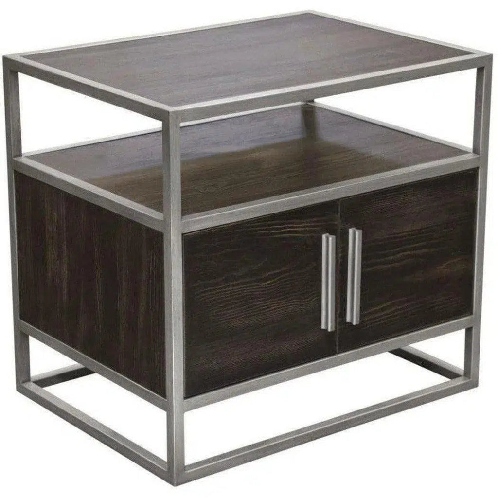 Dark Brown 2-Door End Table with Silver Metal Frame - Perfect for Living Room, Bedroom, or Office Side Table