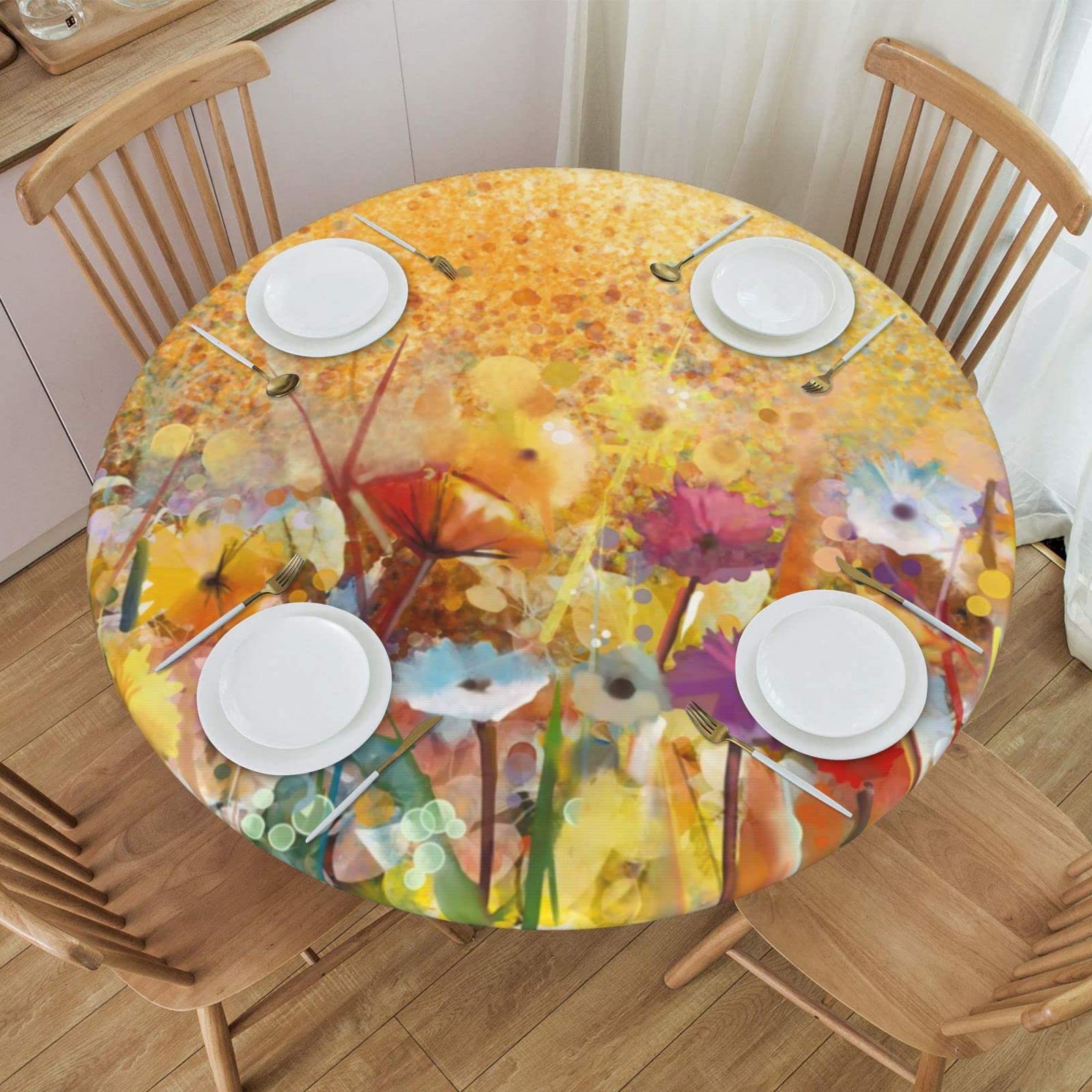 Watercolor Floral & Soft Green Leaves Elastic Fitted Tablecloth - Round Stretch Table Cover for 45-50 Inch Tables - Perfect for Spring Dining, Outdoor Picnics & Boho Home Decor