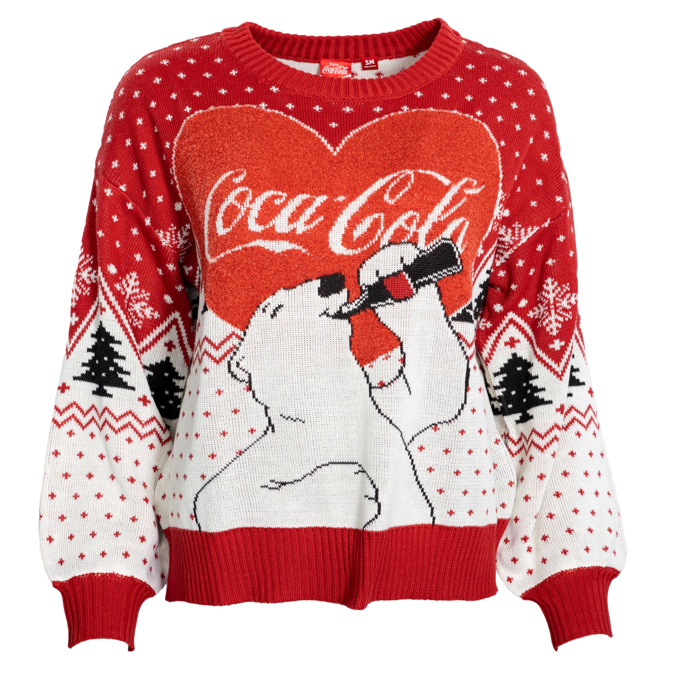 Coca Cola Heart Polar Bear Drinking Women's Ugly Christmas Sweater - Festive Holiday Sweater for Christmas Parties & Family Gatherings