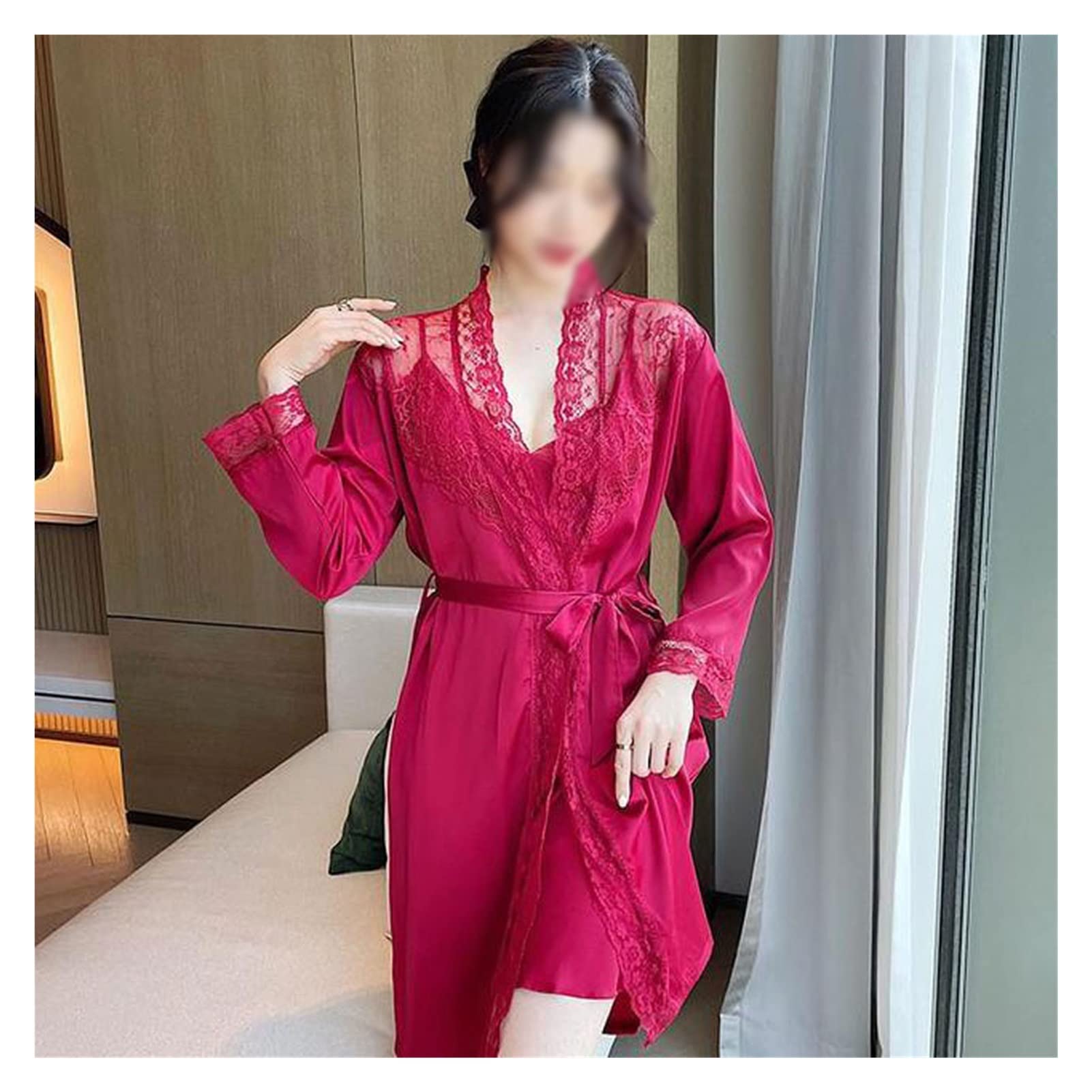 Elegant Lace Trim Satin Chemise Nightgown & Robe Set for Women - Red Medium | Summer Sleepwear, V-Neck Lounge Pajamas for Relaxing Evenings & Bridal Nights
