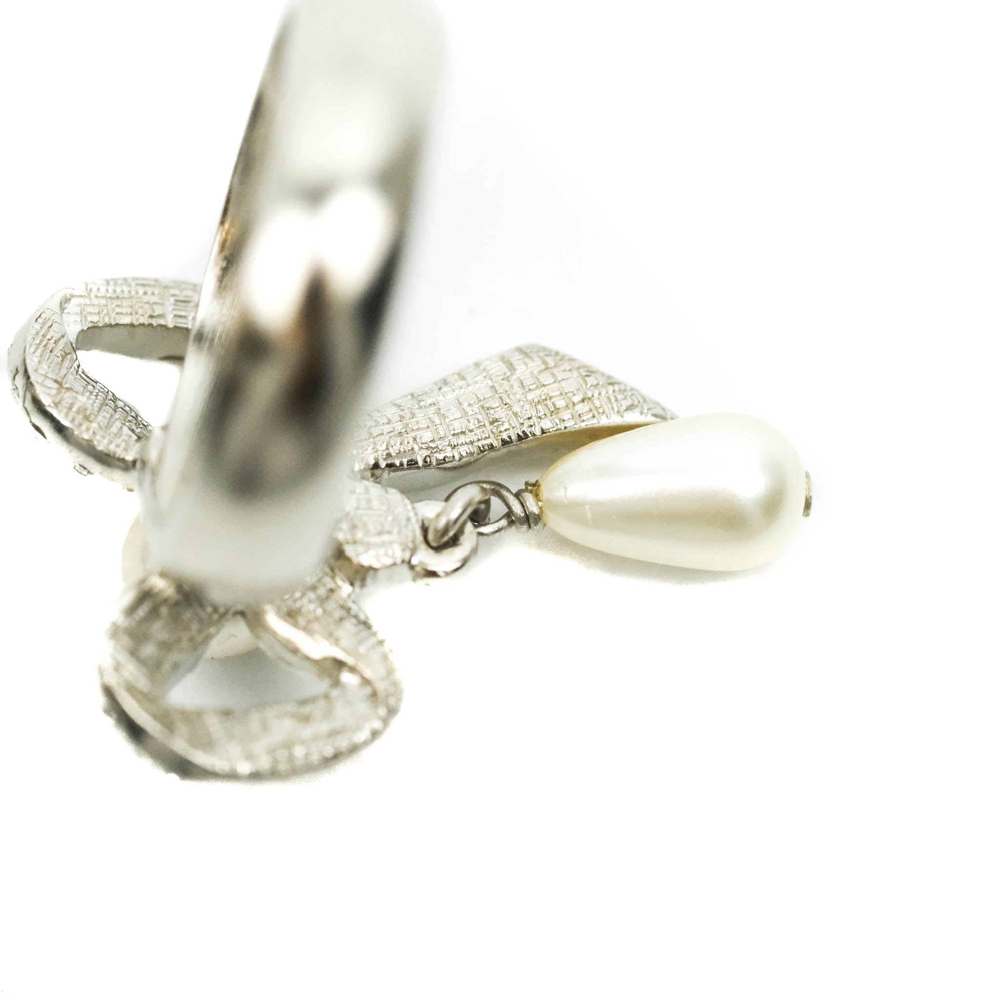 Chanel CC Crystal Bow Knot Drop Tear Pearl Ring Silver Tone 20A - Elegant Fashion Jewelry for Women, Perfect for Parties, Weddings & Special Occasions