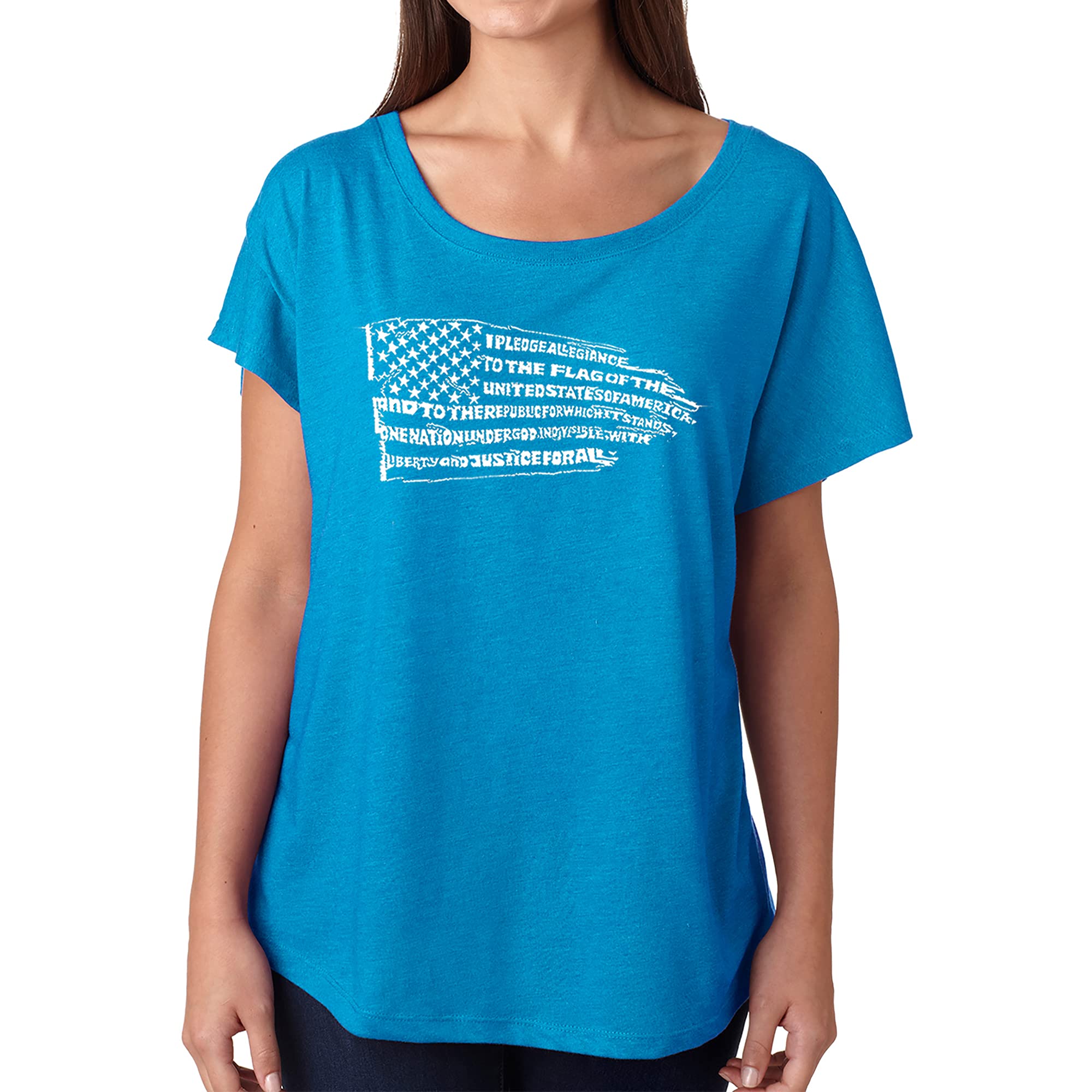 LA POP ART Women's Dolman Cut Word Art Shirt - Patriotic Pledge of Allegiance Flag Graphic Tee for Casual Wear & Fourth of July Celebrations