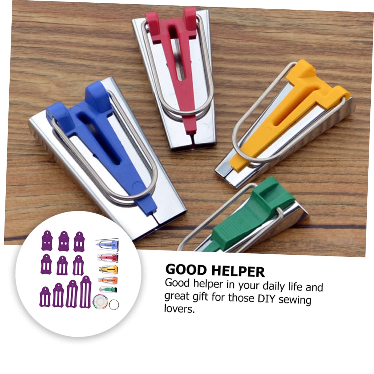 KONTONTY 1 Set Multi-Size Bias Tape Maker Tool Kit with Sewing Clips - Professional Fabric Folding Tools for Quilting, Sewing & DIY Craft Projects - Perfect for Dressmaking, Hemming & Scrapbooking