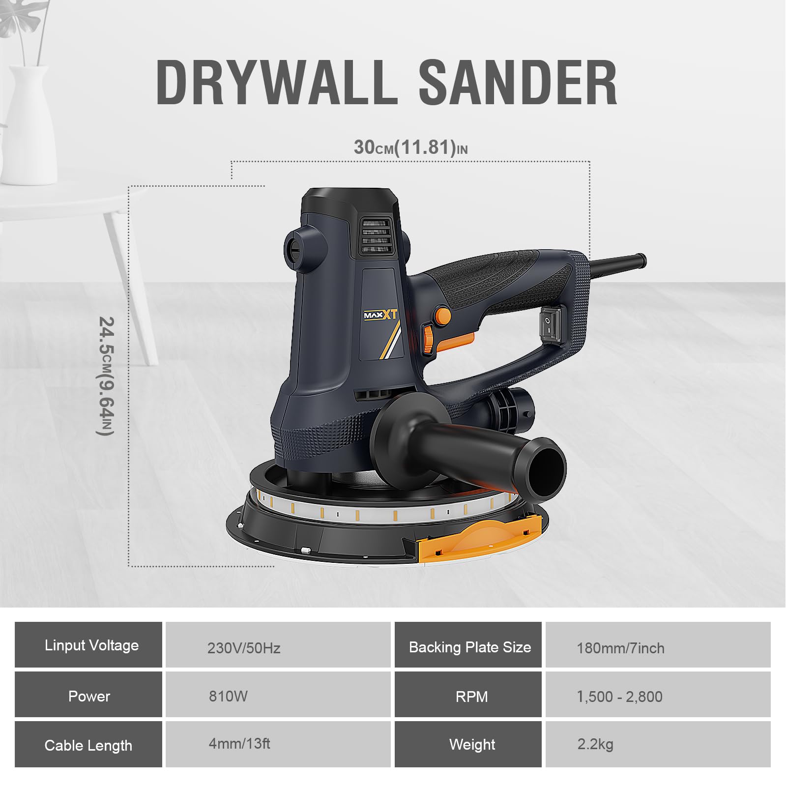 MAXXT 810W Electric Drywall Sander - Variable Speed 1500-2800RPM for Walls & Ceilings - Upgraded Sanding Pad with Adjustable Suction & Self-Dust Extraction (120V) - Perfect for Home Renovation, DIY Projects & Professional Construction Work