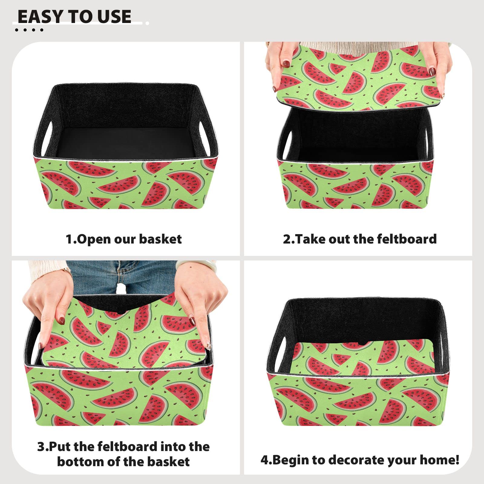 Emelivor Watermelon Slices Storage Basket Set (2-Pack) - Foldable Felt Storage Bins with Dual Handles for Closet, Shelves & Office Organization - Perfect for Bedroom, Bathroom & Kids' Room Storage