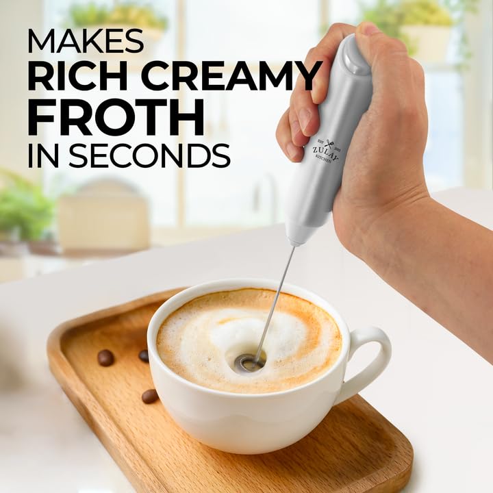 Zulay Kitchen Powerful Milk Frother Wand - Handheld Stainless Steel Battery Operated Drink Mixer for Coffee, Lattes, Cappuccino & Matcha - Mini Milk Frother for Home, Office & Travel - Perfect Gift for Coffee Lovers (Silver)