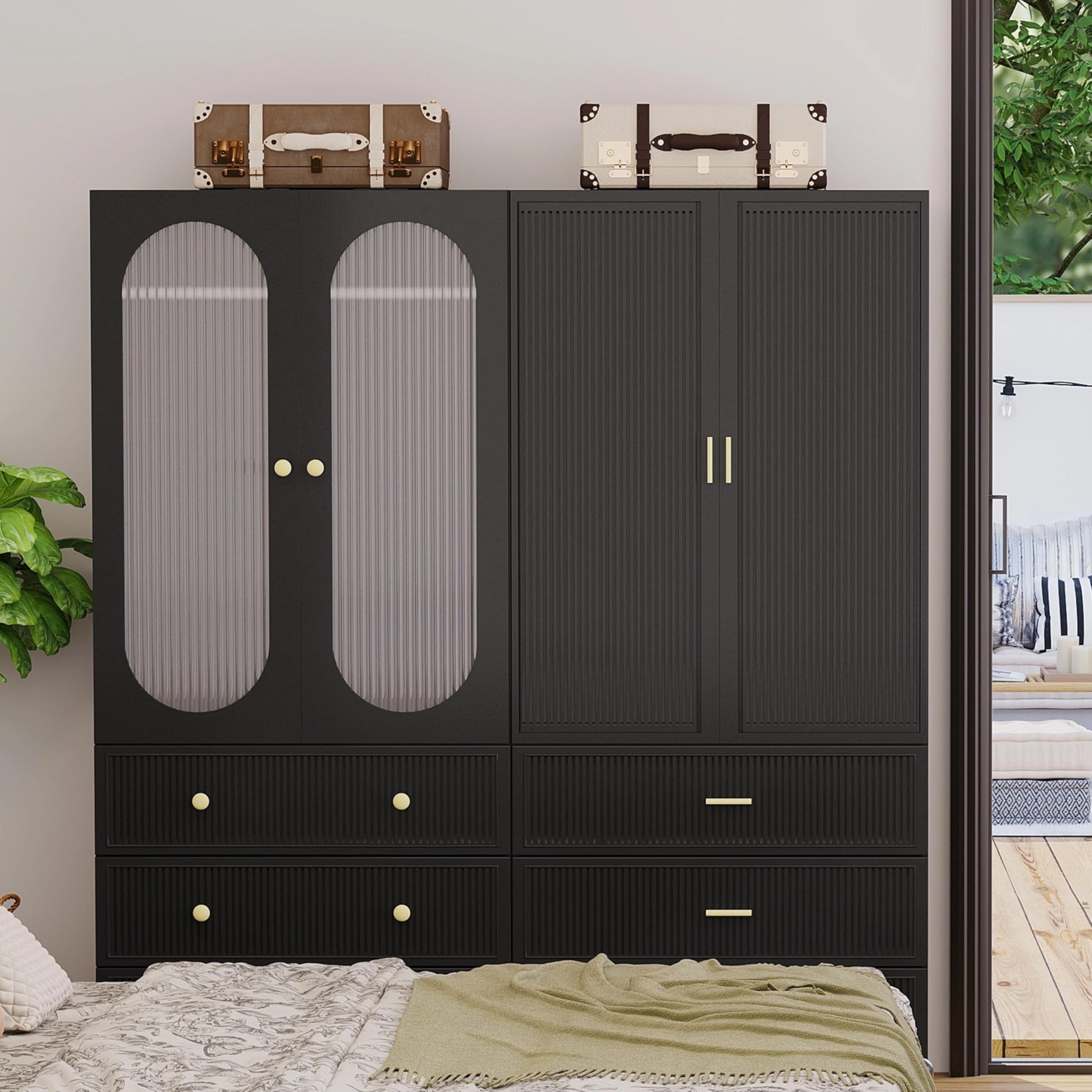 2 Door Armoire Wardrobe Closet with Drawers - Black Large Capacity Storage Closet with Hanging Rod & 3 Drawers for Bedroom Organization | Perfect for Bedrooms, Guest Rooms & Dorm Storage