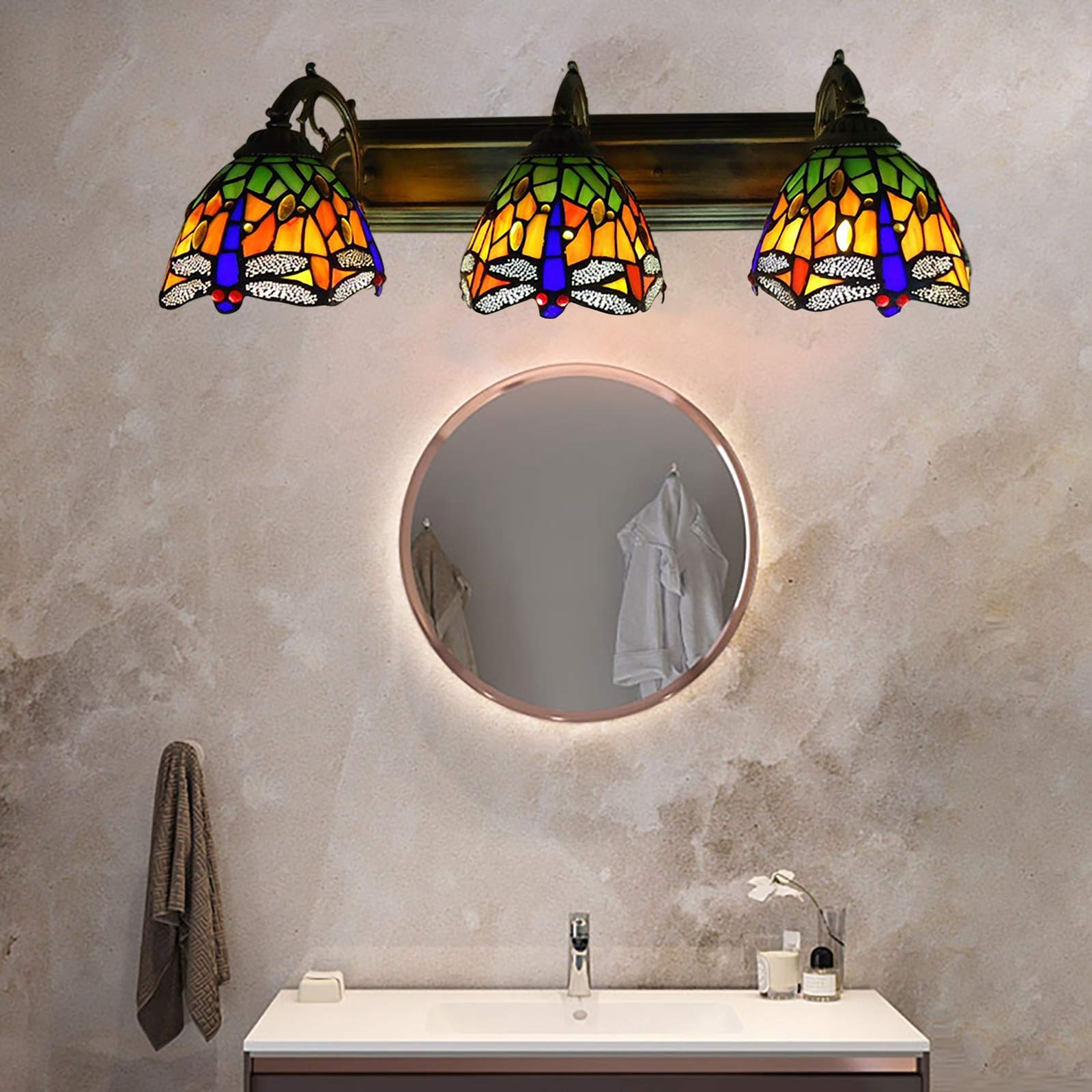 TFCFL 3-Light Bronze Wall Sconce with Handcrafted Stained Glass Dragonfly Shades - Elegant Vanity Lighting for Bathroom, Bedroom, and Hallway Décor
